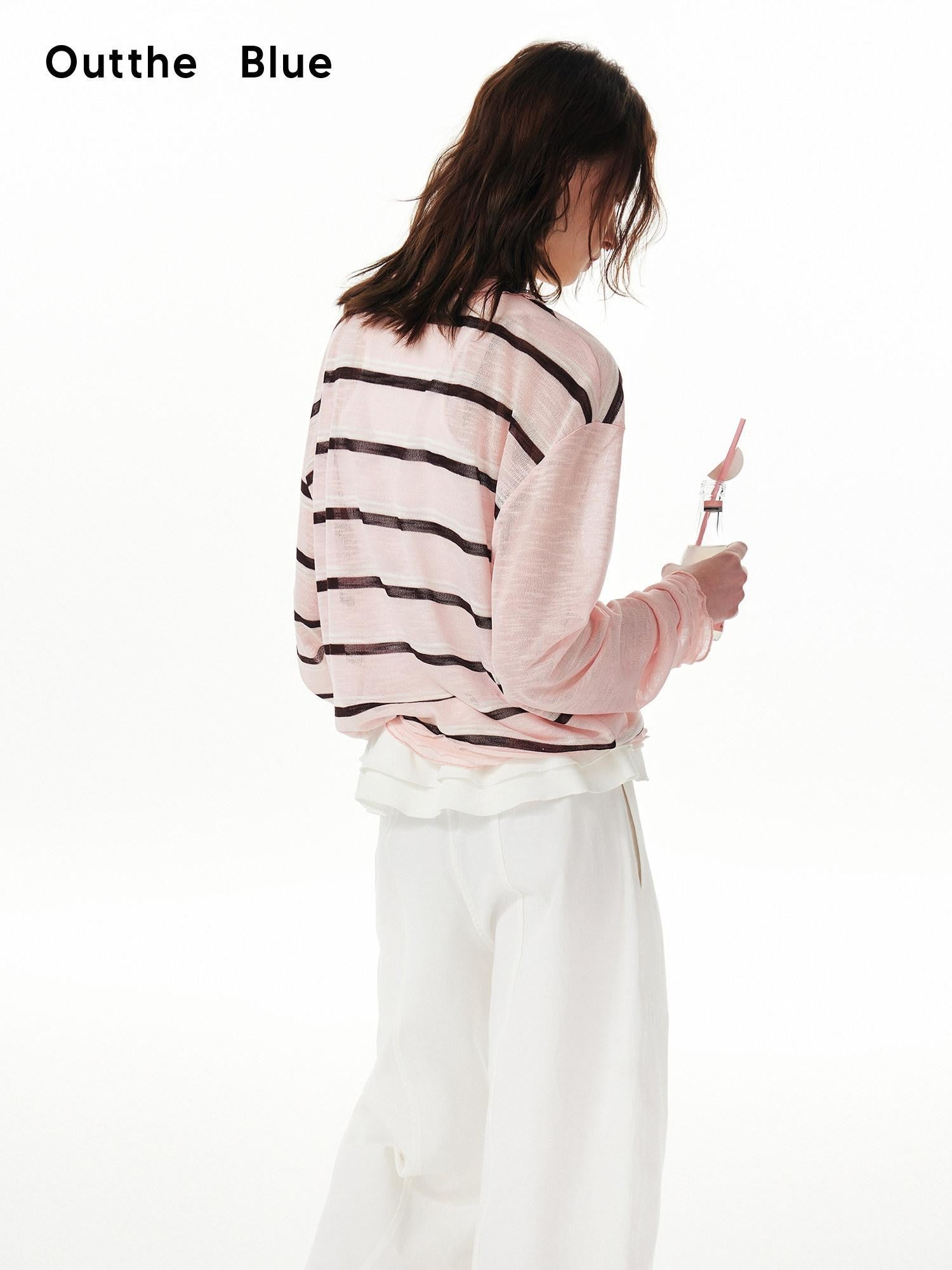 OuttheBlue Pink Striped Patchwork Drapey Single Button Women&