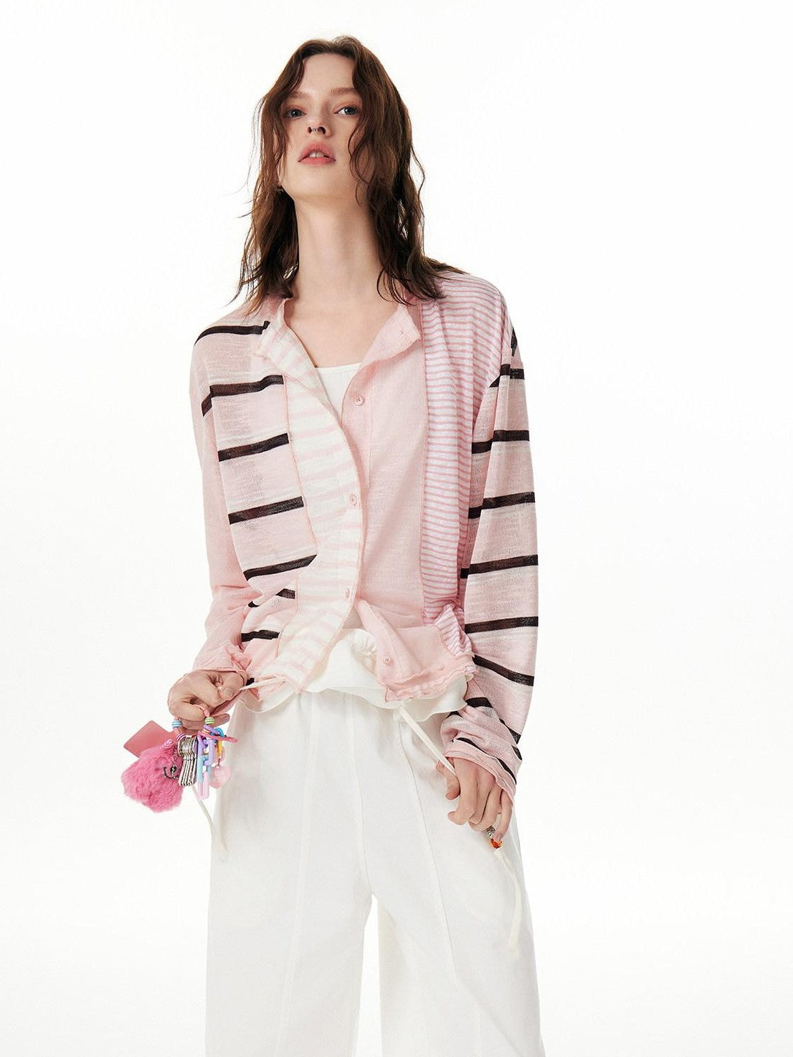 OuttheBlue Pink Striped Patchwork Drapey Single Button Women&