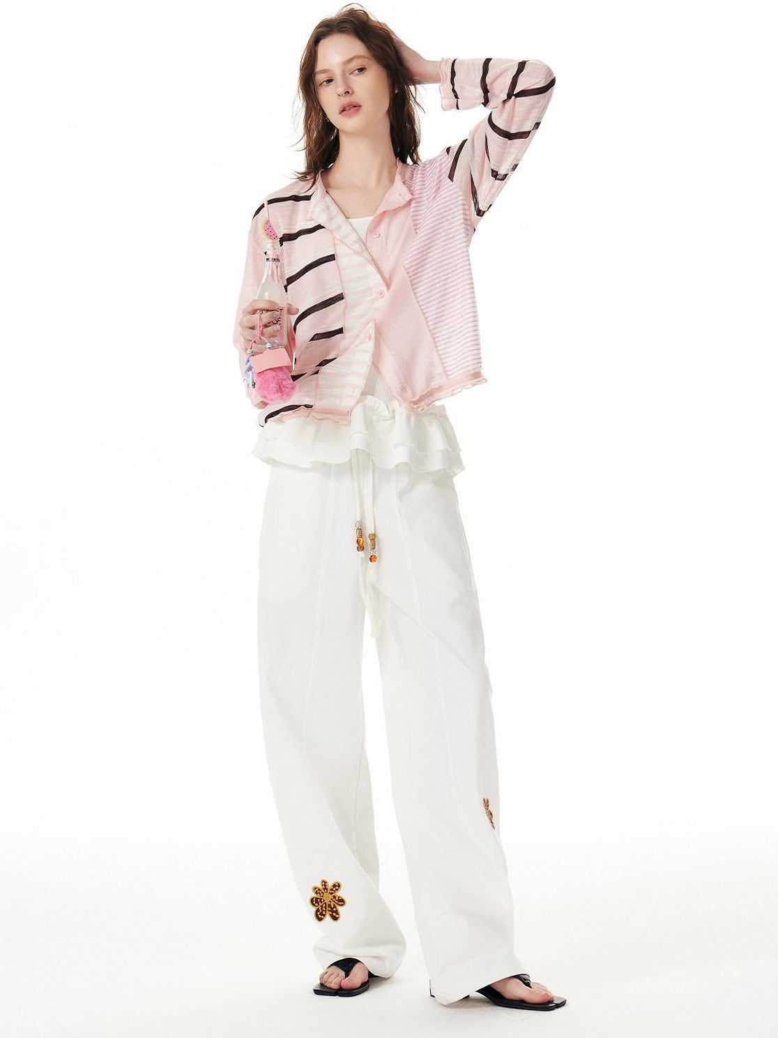 OuttheBlue Pink Striped Patchwork Drapey Single Button Women&