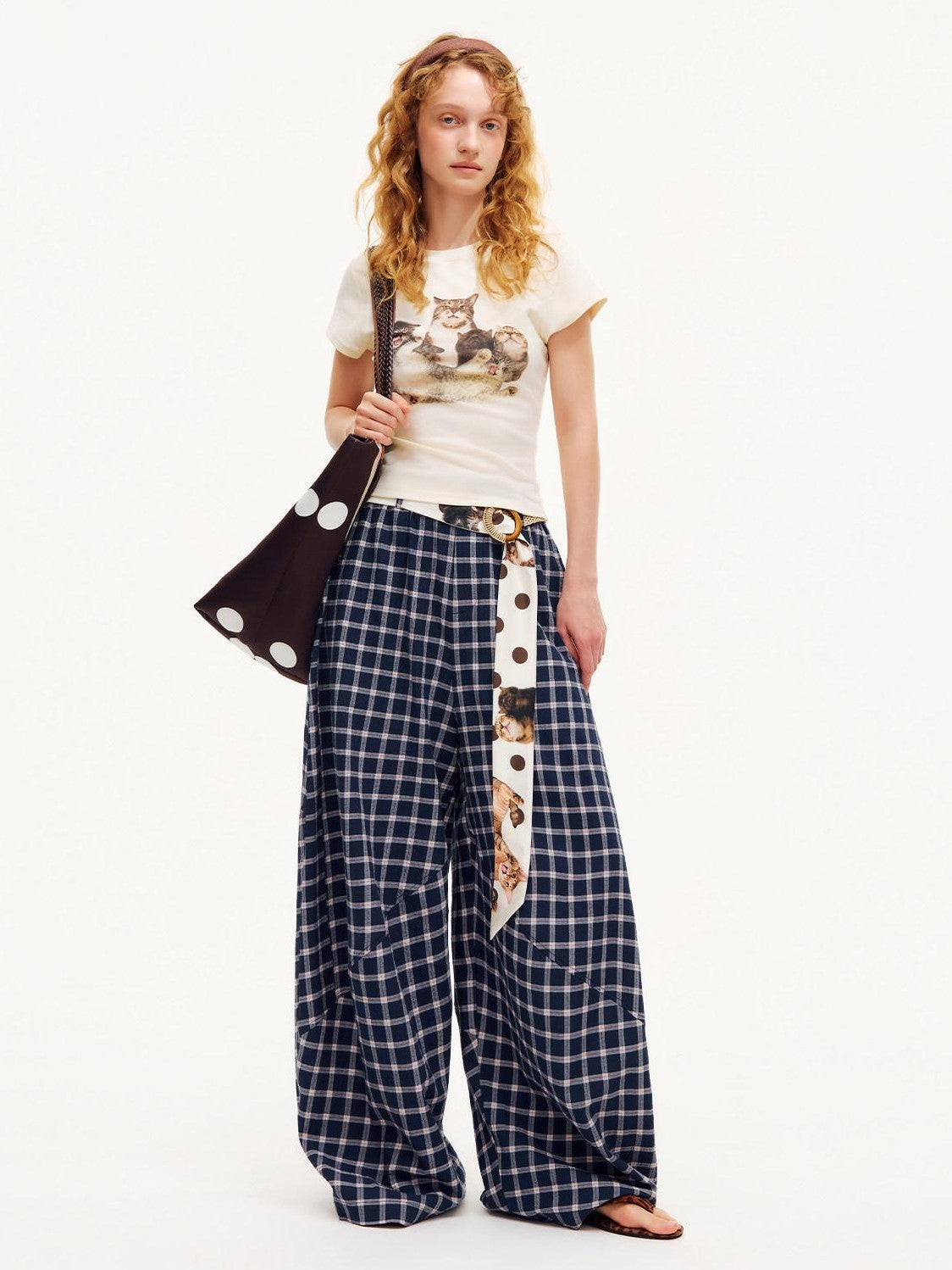 OuttheBlue Plaid Print Octagonal Button Mid Rise Women&