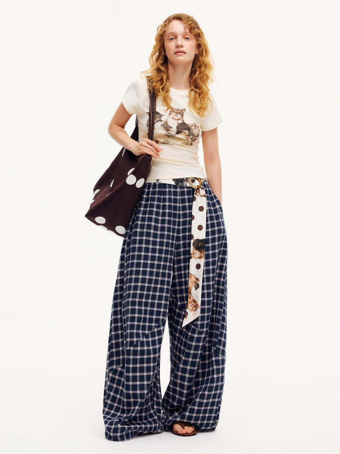 OuttheBlue Plaid Print Octagonal Button Mid Rise Women&