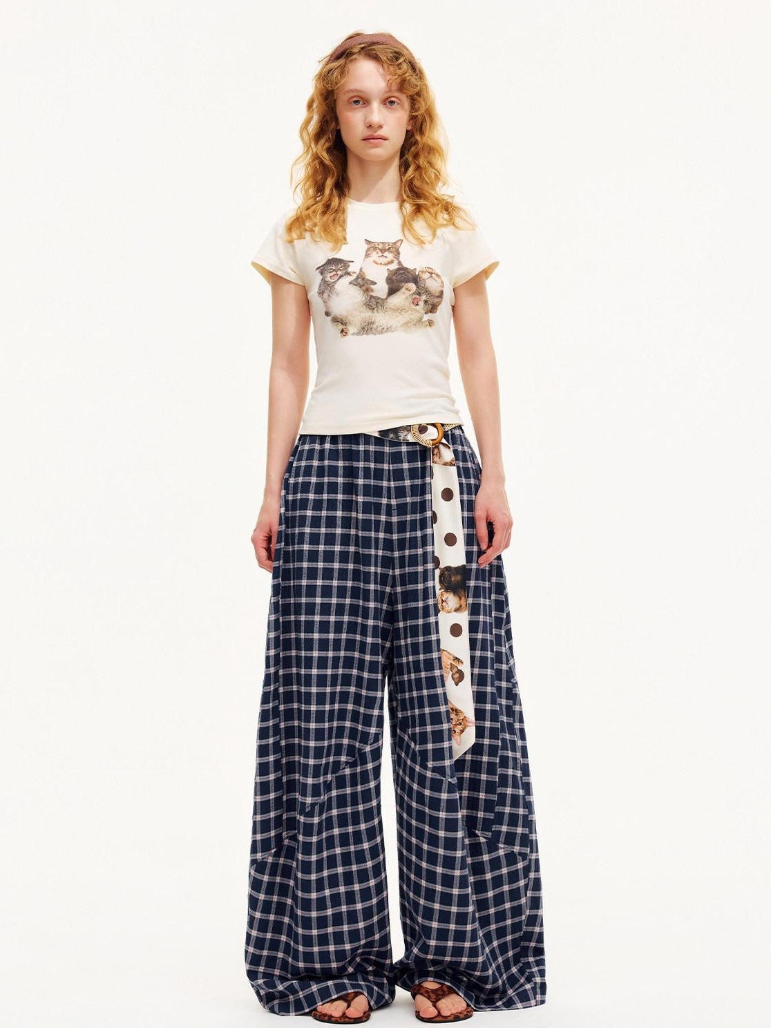 OuttheBlue Plaid Print Octagonal Button Mid Rise Women&