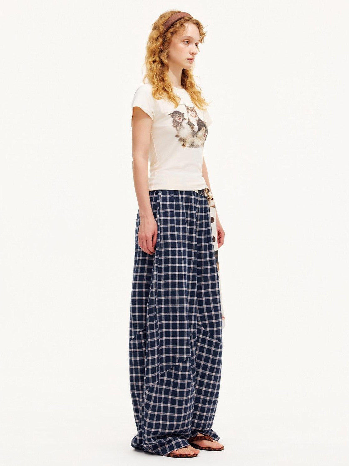 OuttheBlue Plaid Print Octagonal Button Mid Rise Women&