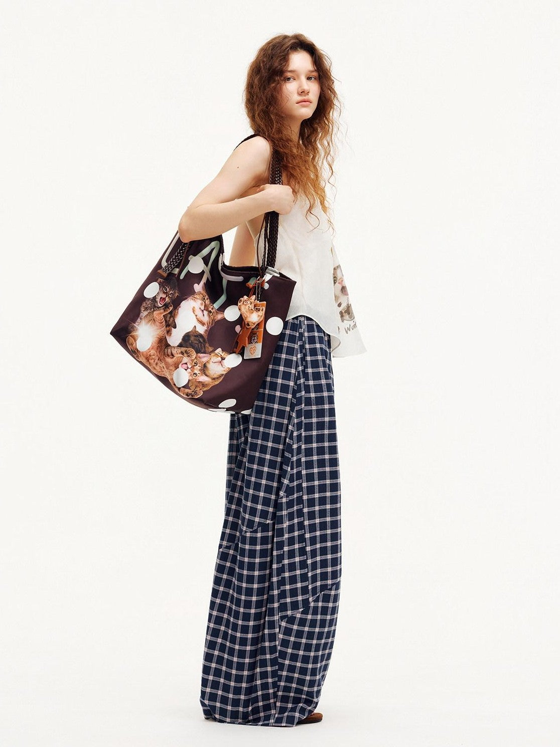 OuttheBlue Plaid Print Octagonal Button Mid Rise Women&