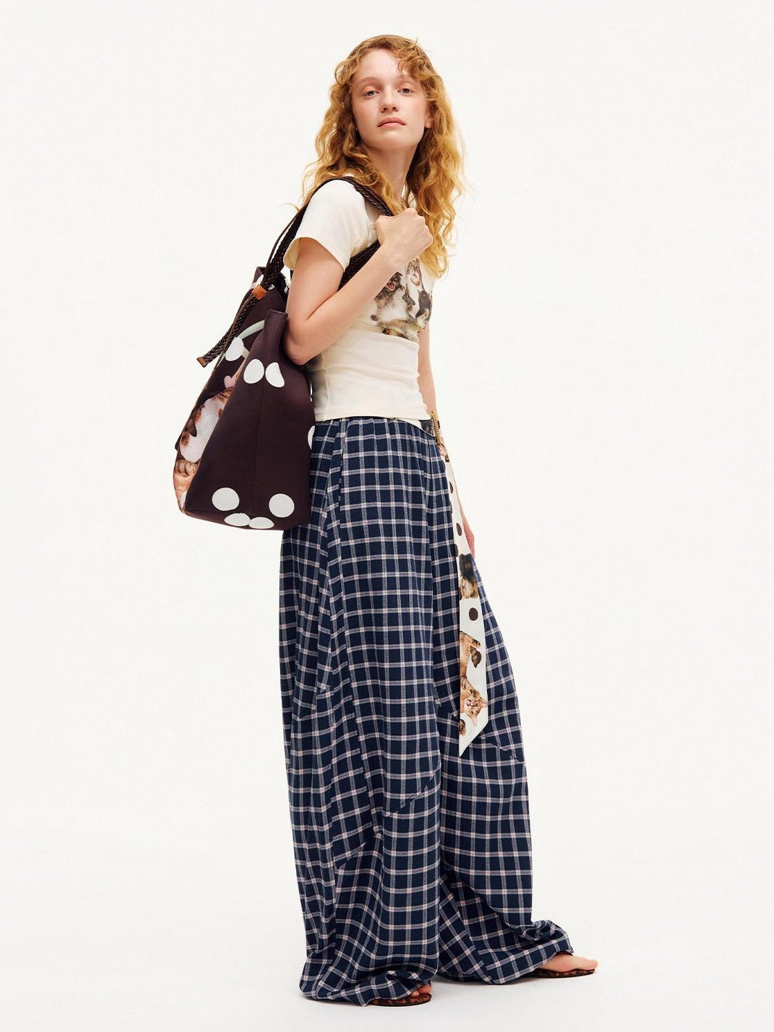 OuttheBlue Plaid Print Octagonal Button Mid Rise Women&
