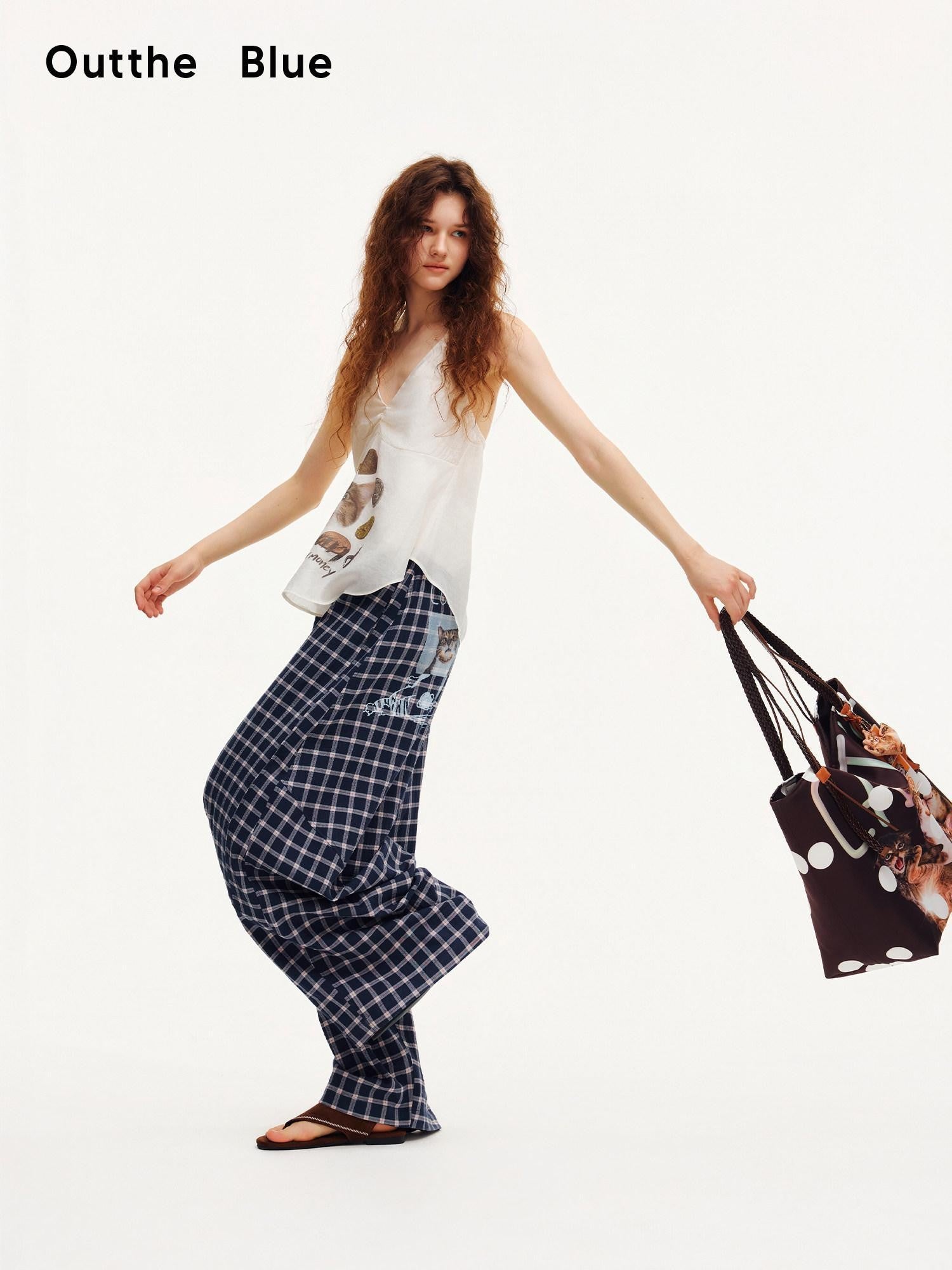 OuttheBlue Plaid Print Octagonal Button Mid Rise Women&