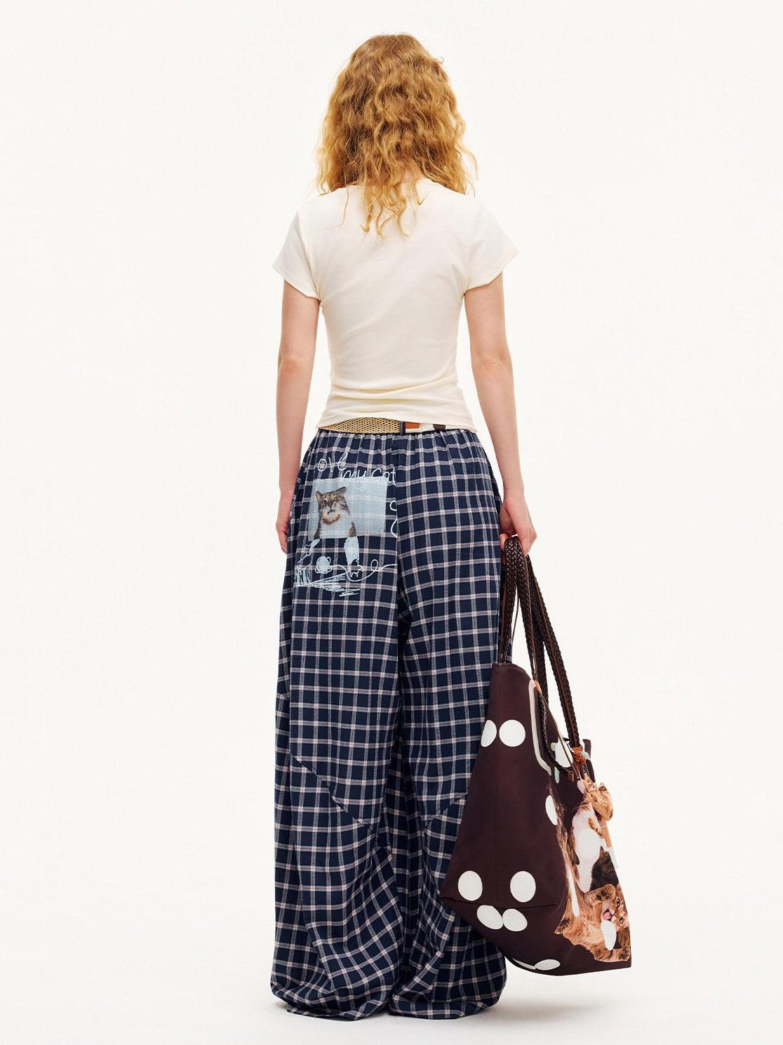 OuttheBlue Plaid Print Octagonal Button Mid Rise Women&
