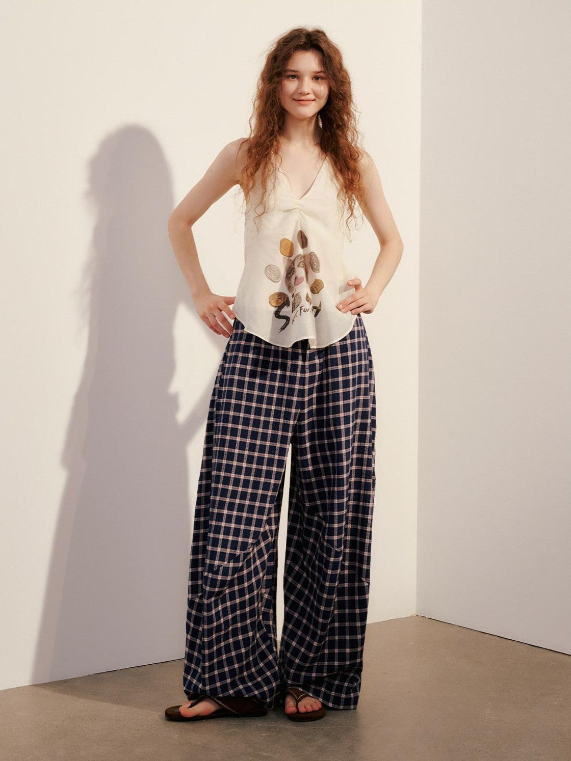OuttheBlue Plaid Print Octagonal Button Mid Rise Women&