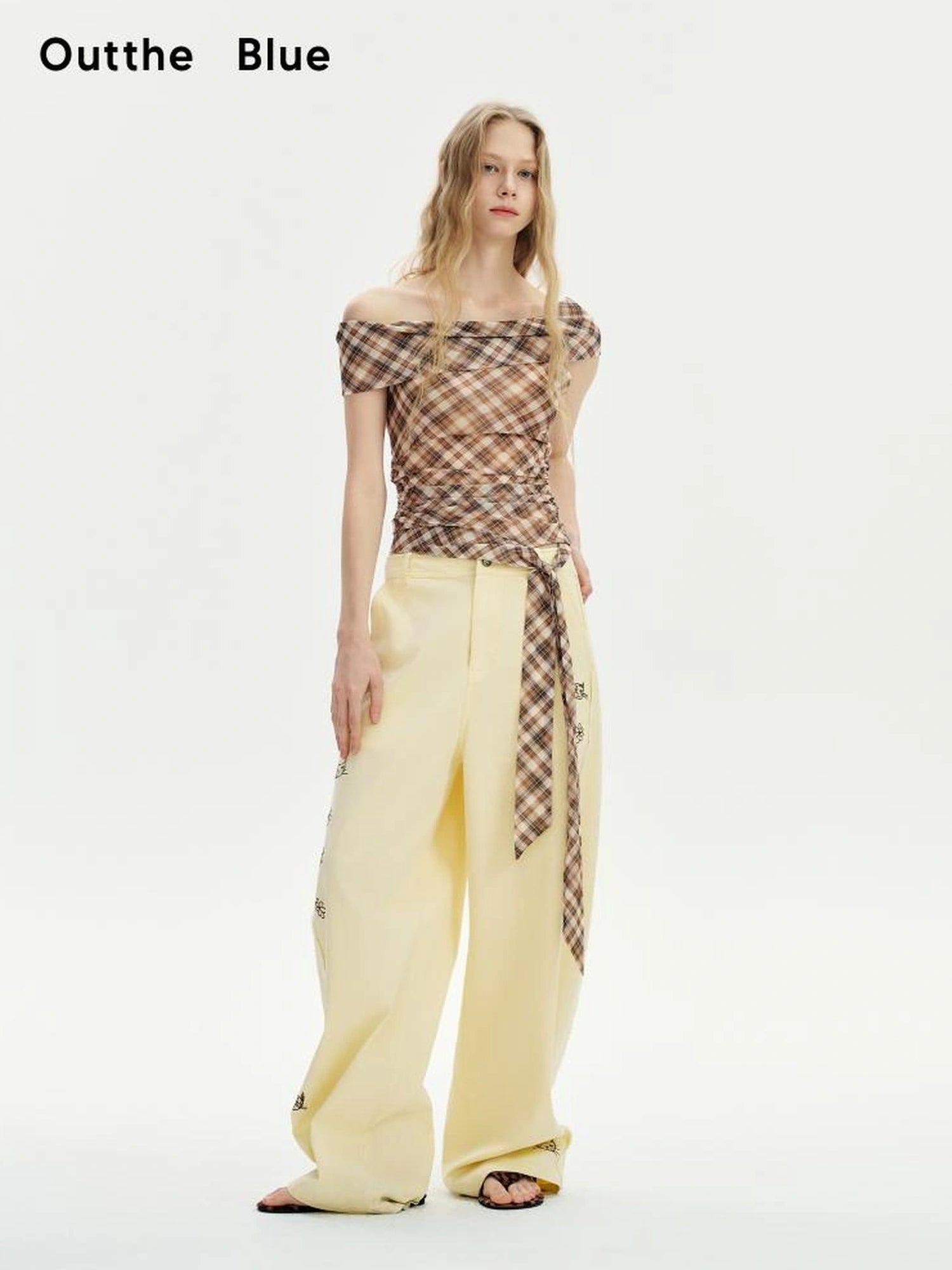 OuttheBlue Pleated Checkered Cold Shoulder Top