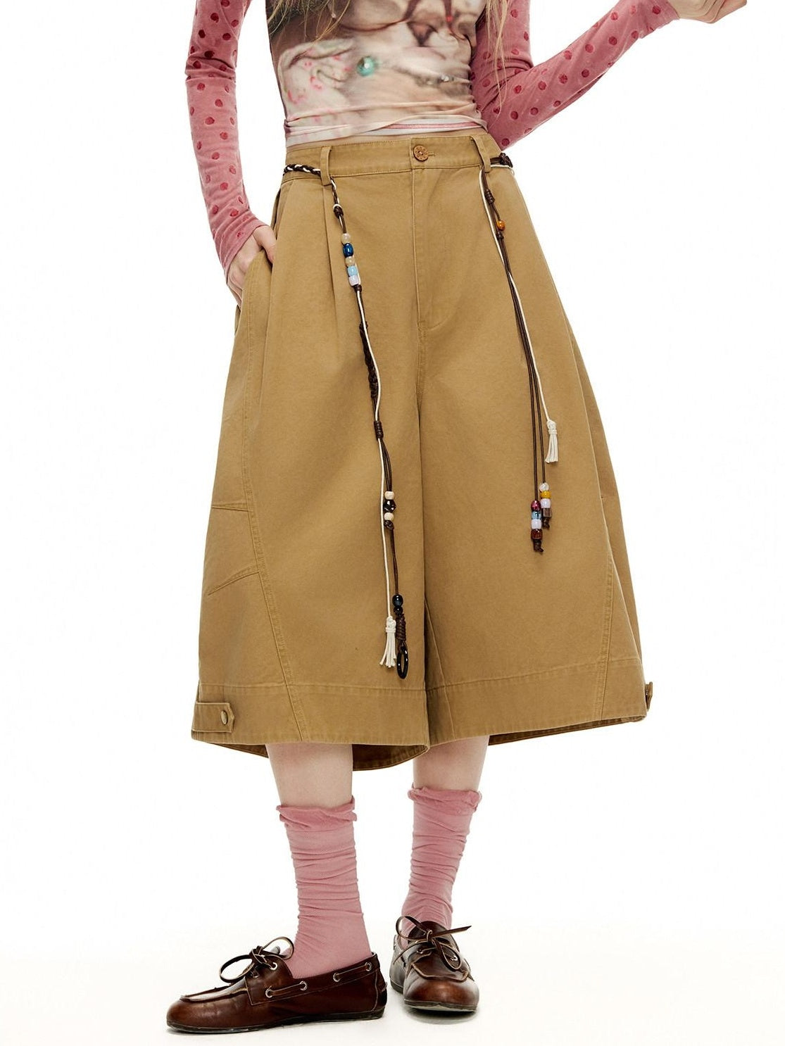 OuttheBlue Pleated Cotton Casual Natural Waist Women Button Fly Dusty Rose Straight Pants