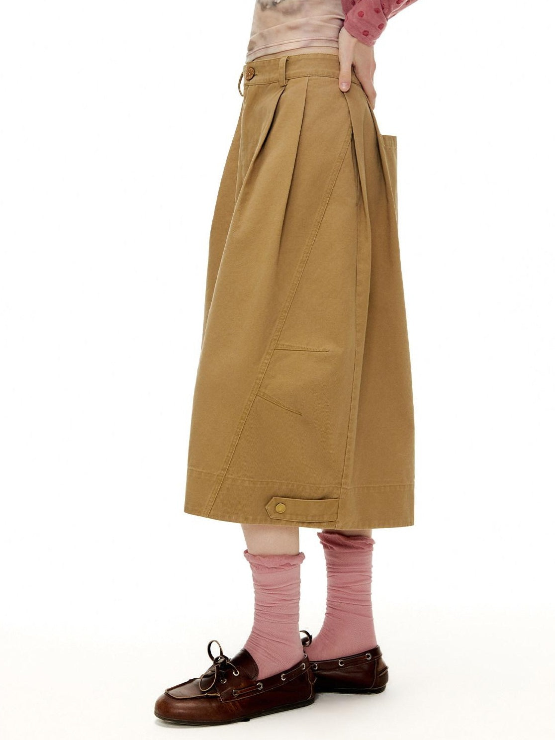 OuttheBlue Pleated Cotton Casual Natural Waist Women Button Fly Dusty Rose Straight Pants