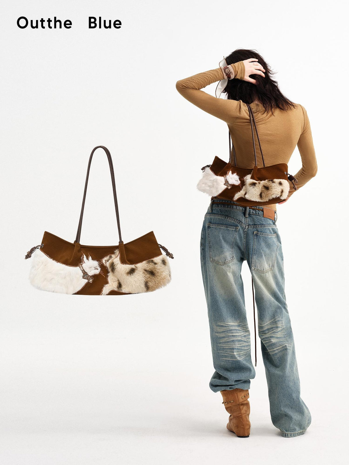 OuttheBlue Plush Cat Applique Baguette Vintage Suede Women&