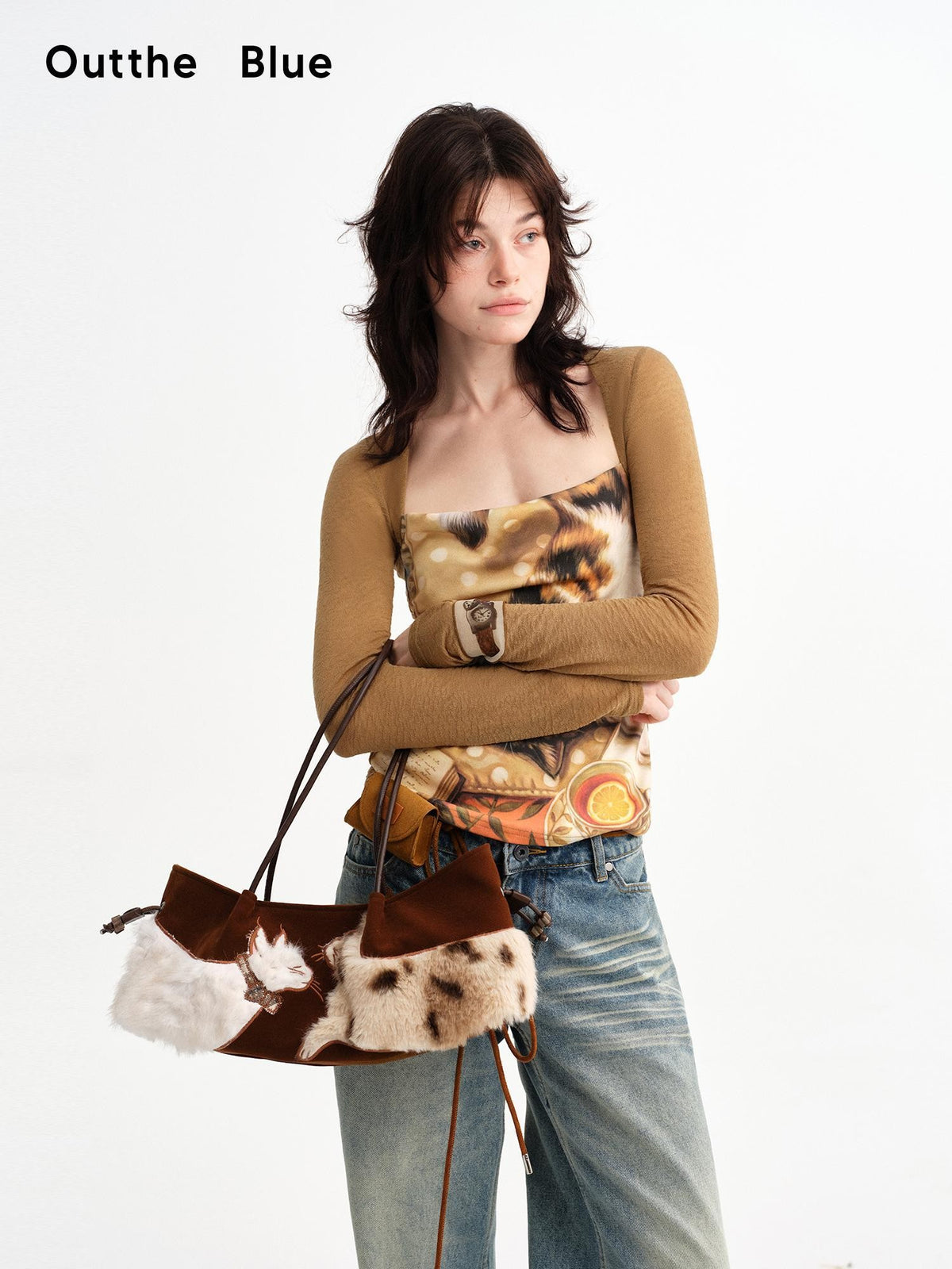 OuttheBlue Plush Cat Applique Baguette Vintage Suede Women&