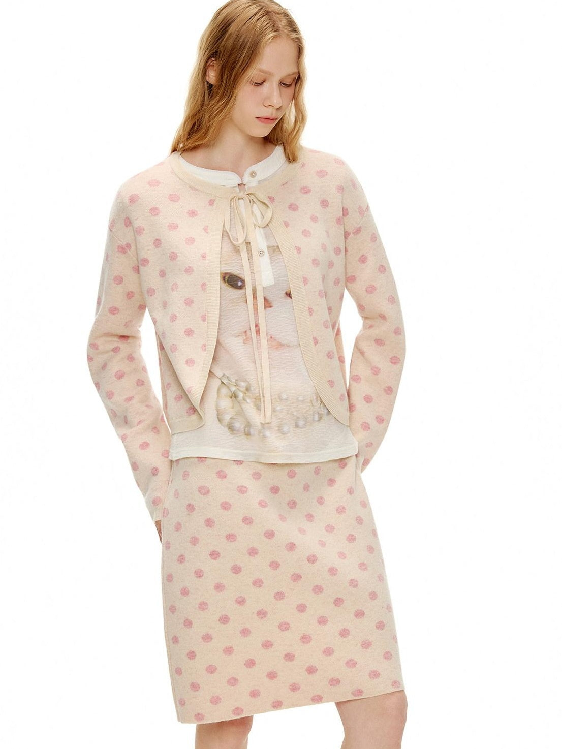 OuttheBlue Polka Dot Crop High Waist Knit Cardigan Loose Fit Women Casual Top & Skirt Sets