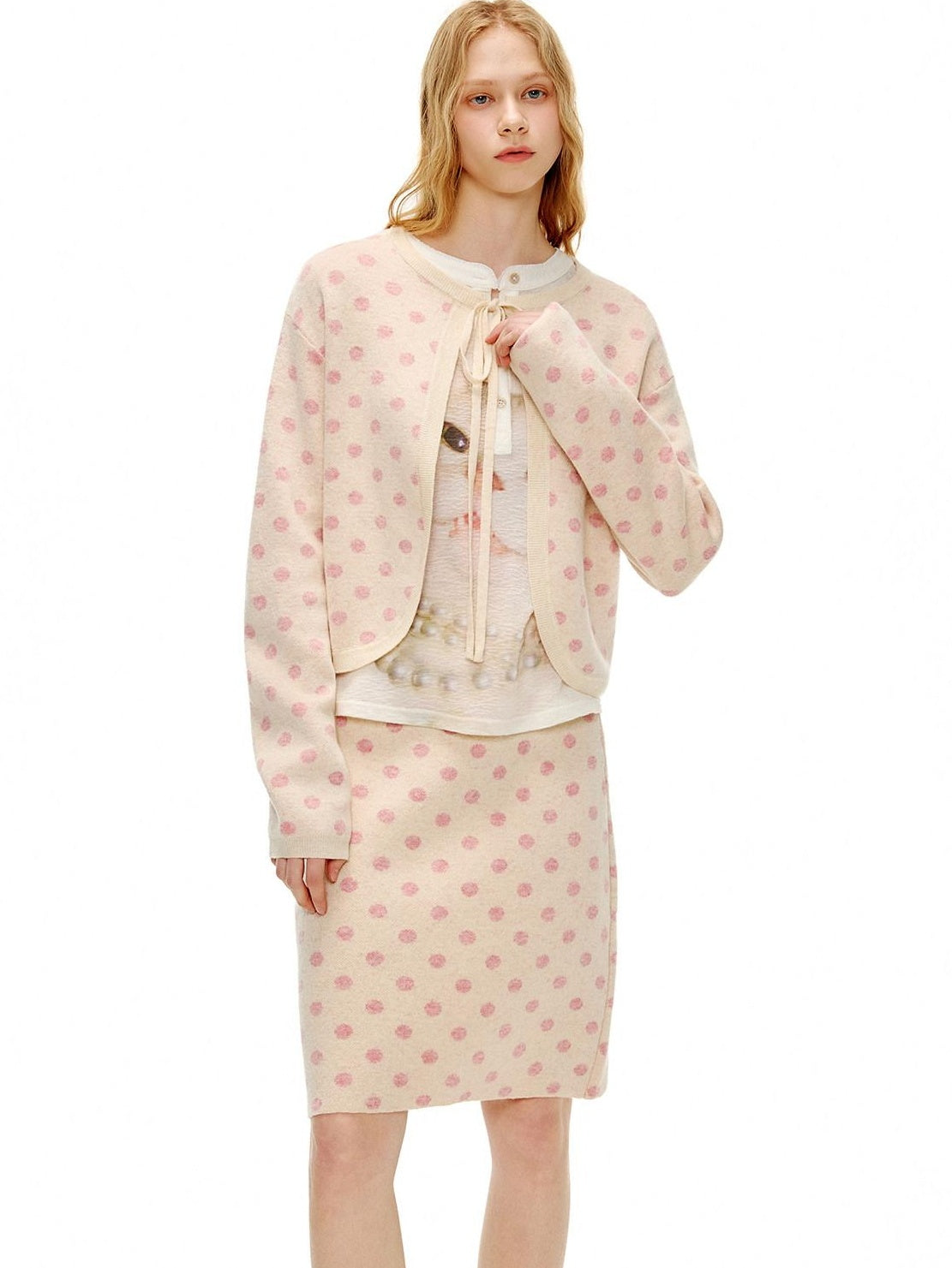 OuttheBlue Polka Dot Crop High Waist Knit Cardigan Loose Fit Women Casual Top & Skirt Sets
