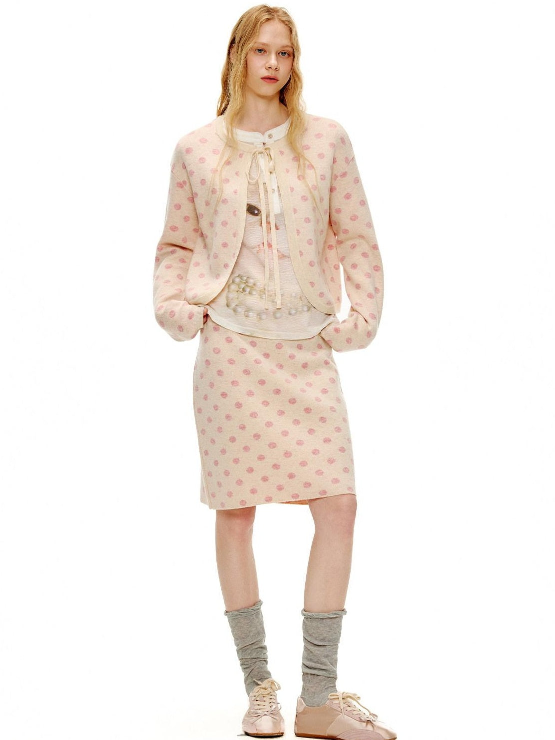 OuttheBlue Polka Dot Crop High Waist Knit Cardigan Loose Fit Women Casual Top & Skirt Sets