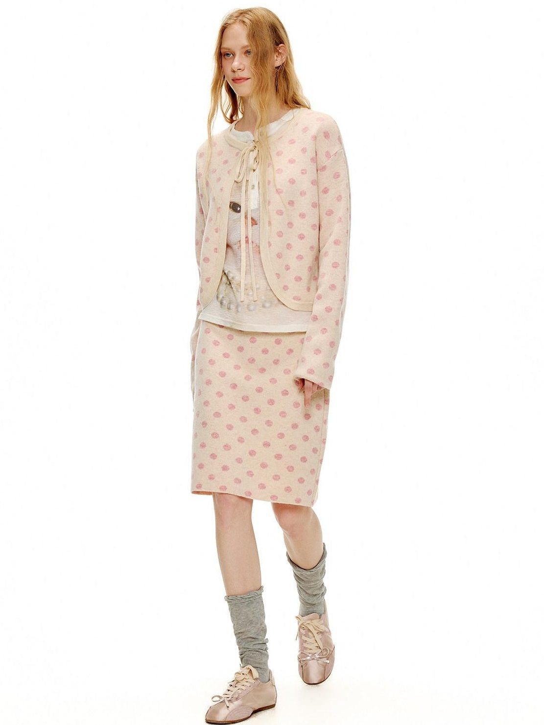 OuttheBlue Polka Dot Crop High Waist Knit Cardigan Loose Fit Women Casual Top & Skirt Sets