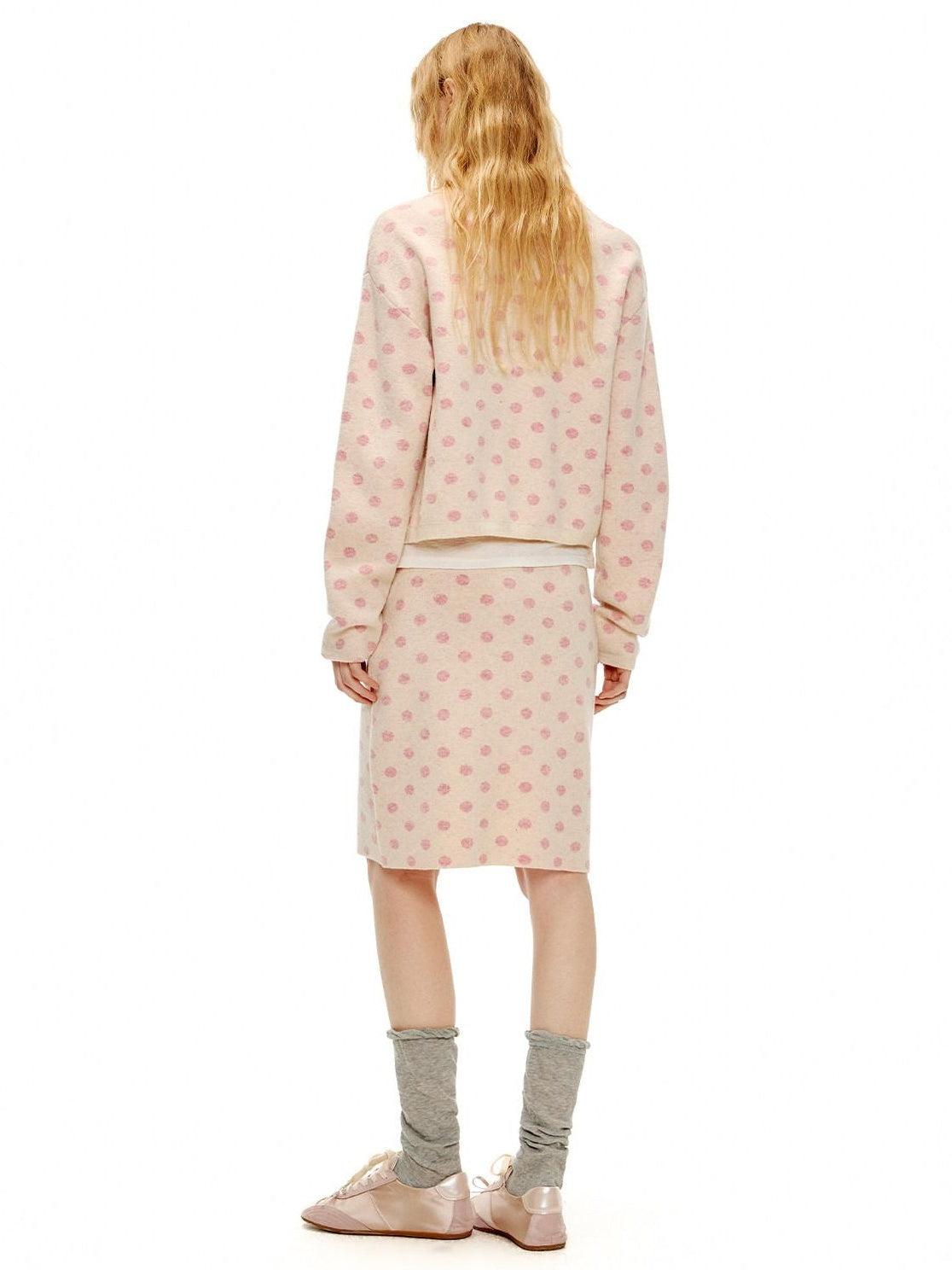 OuttheBlue Polka Dot Crop High Waist Knit Cardigan Loose Fit Women Casual Top & Skirt Sets