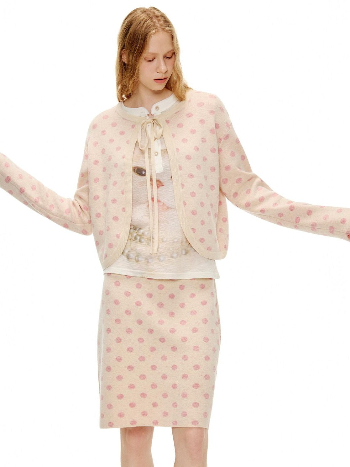 OuttheBlue Polka Dot Crop High Waist Knit Cardigan Loose Fit Women Casual Top & Skirt Sets
