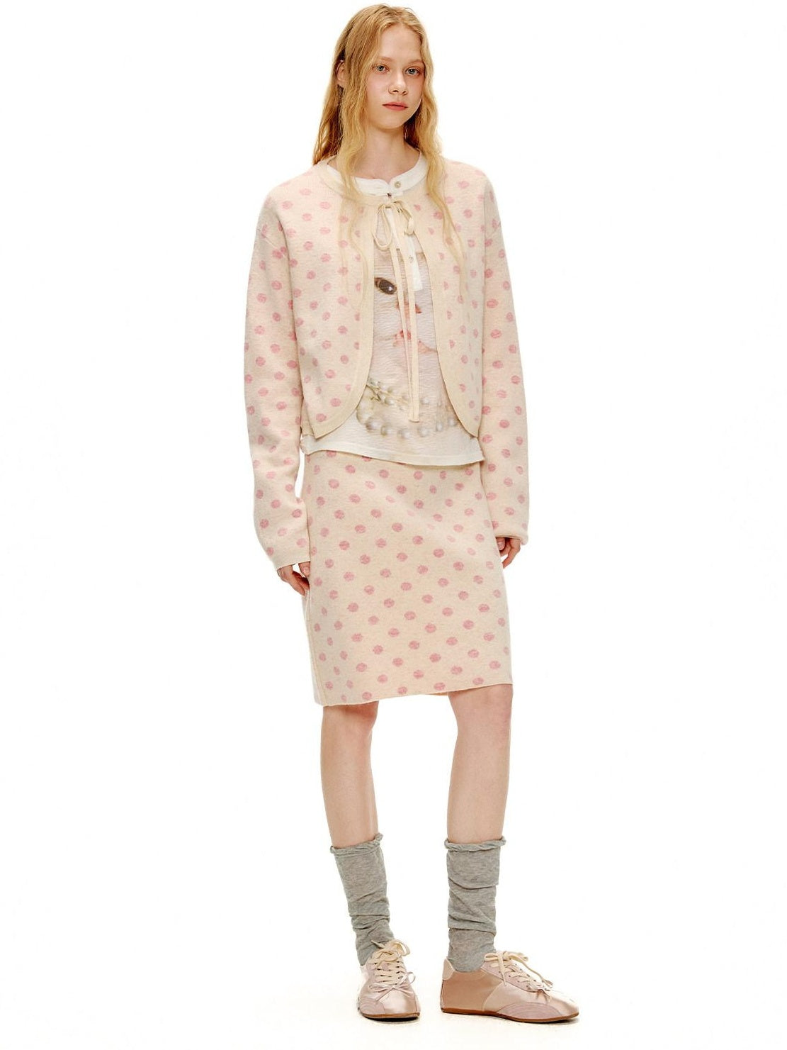 OuttheBlue Polka Dot Crop High Waist Knit Cardigan Loose Fit Women Casual Top & Skirt Sets