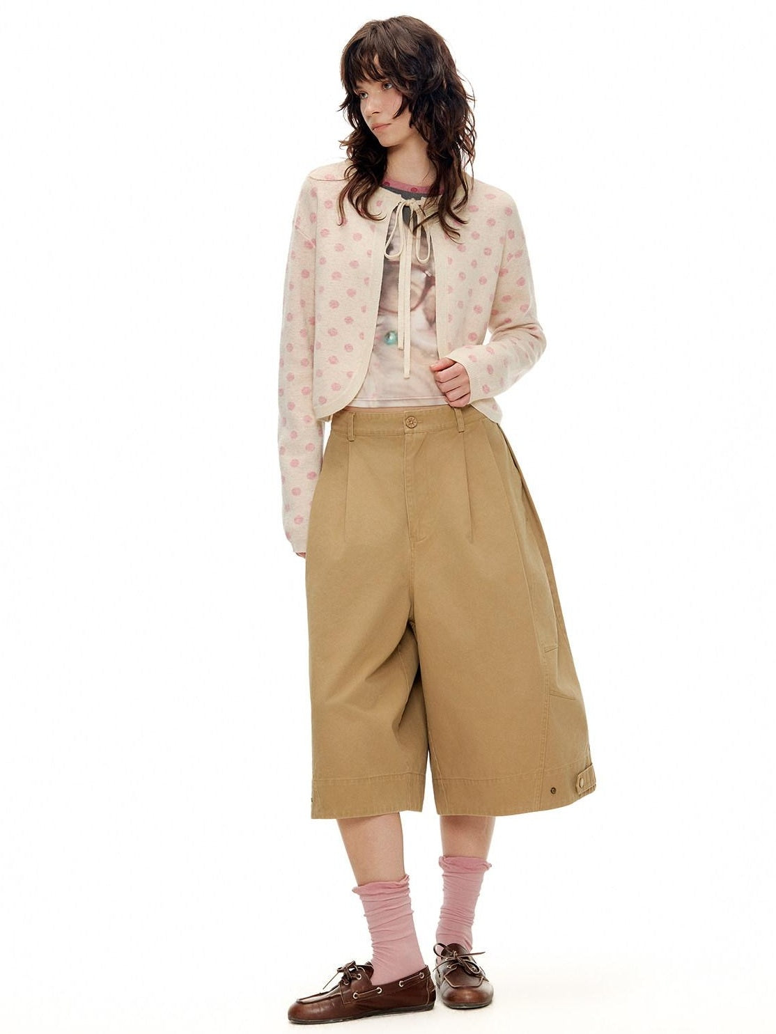 OuttheBlue Polka Dot Crop High Waist Knit Cardigan Loose Fit Women Casual Top & Skirt Sets