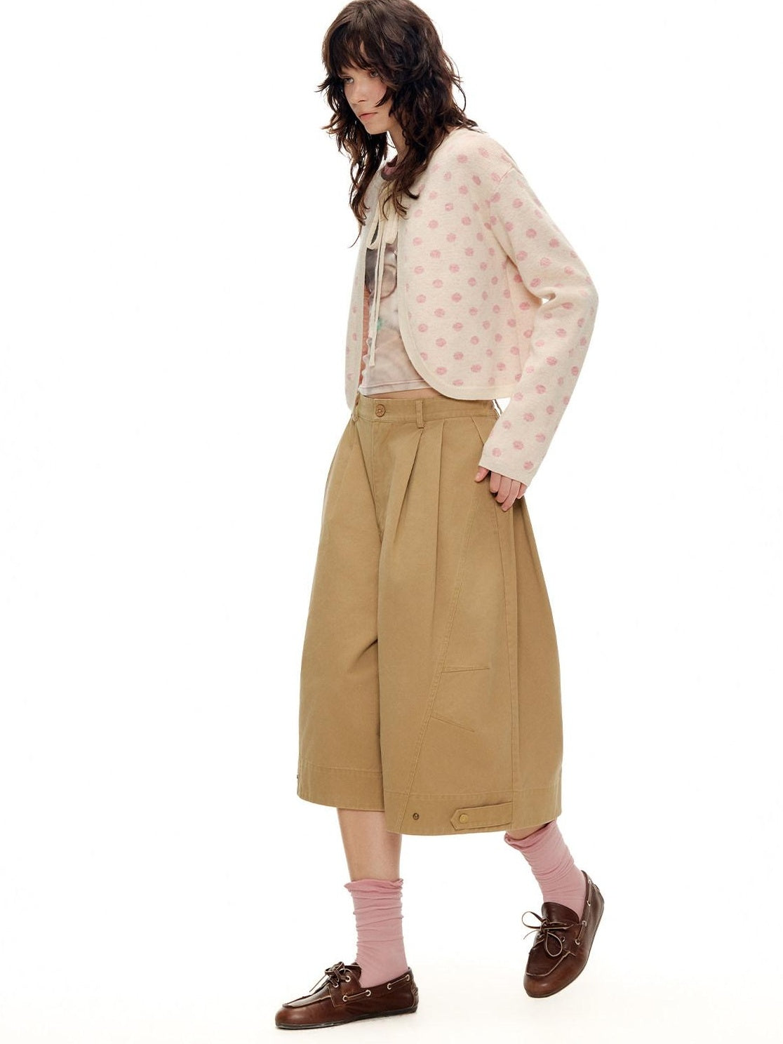 OuttheBlue Polka Dot Crop High Waist Knit Cardigan Loose Fit Women Casual Top & Skirt Sets