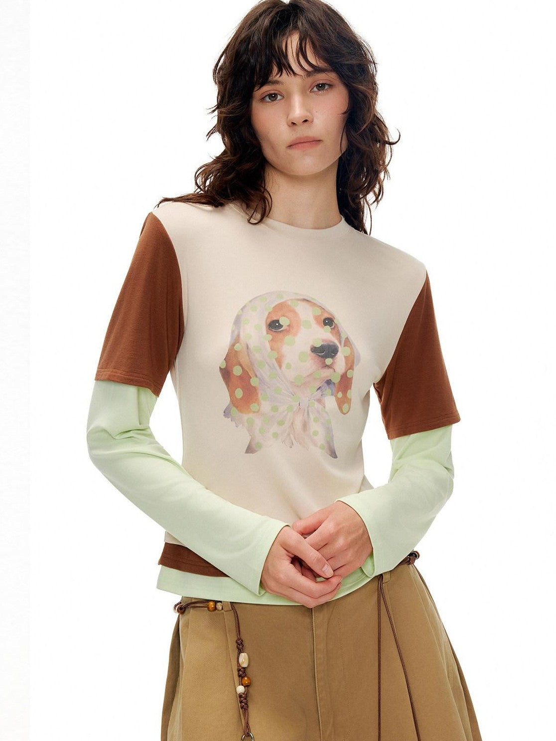 OuttheBlue Polka Dot Dog Three Color Splice Crew Neck Women&