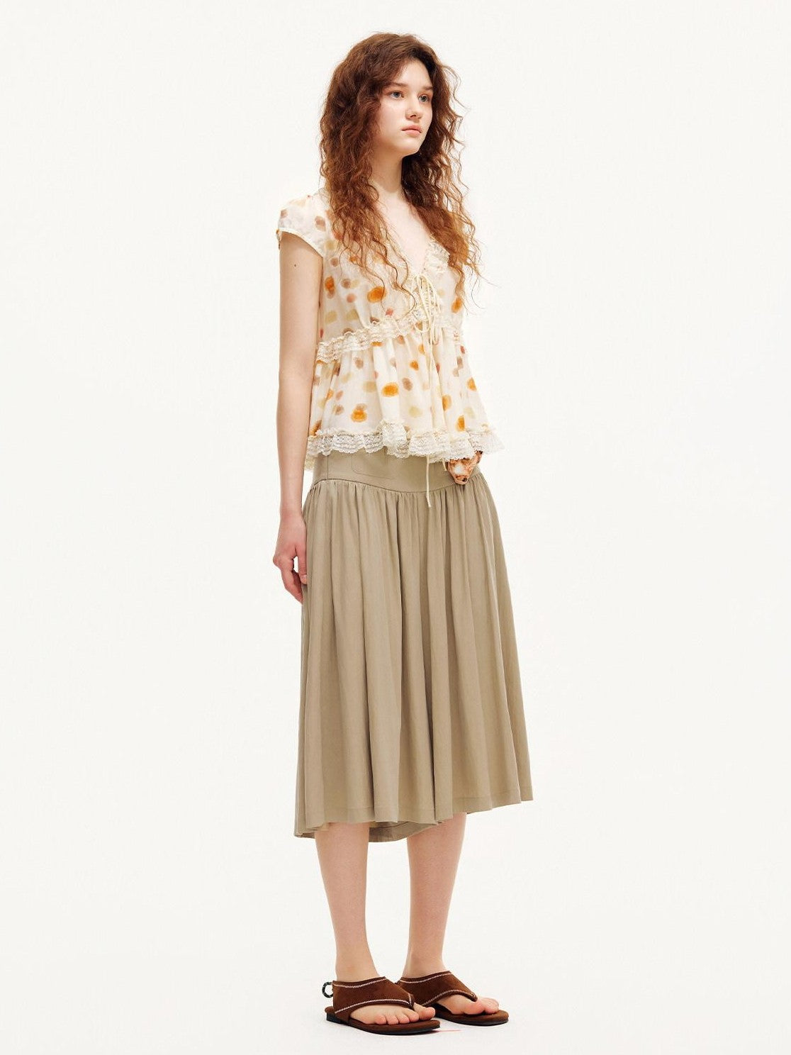 OuttheBlue Polka Dot Lace Trim Tie Front Puff Sleeve Women&