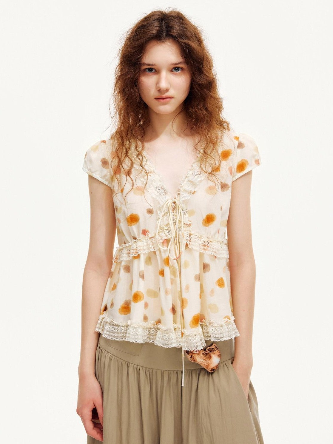 OuttheBlue Polka Dot Lace Trim Tie Front Puff Sleeve Women&