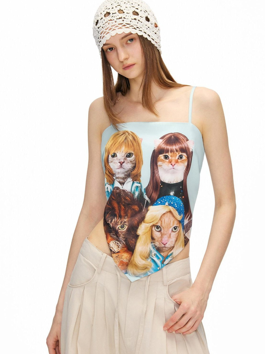 OuttheBlue Printed Silk Cat Motif Tie Back Sleek Slim Fit Baby Blue Women Headdresses