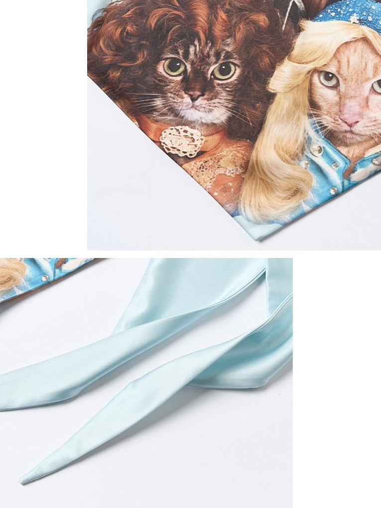OuttheBlue Printed Silk Cat Motif Tie Back Sleek Slim Fit Baby Blue Women Headdresses