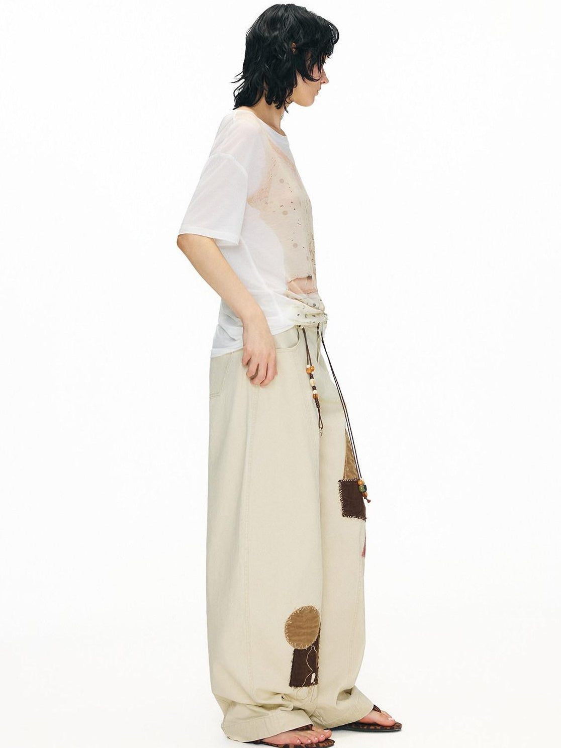 OuttheBlue Pure Cotton Embroidered Vintage Curved Leg Khaki Women Wide-Leg Pants