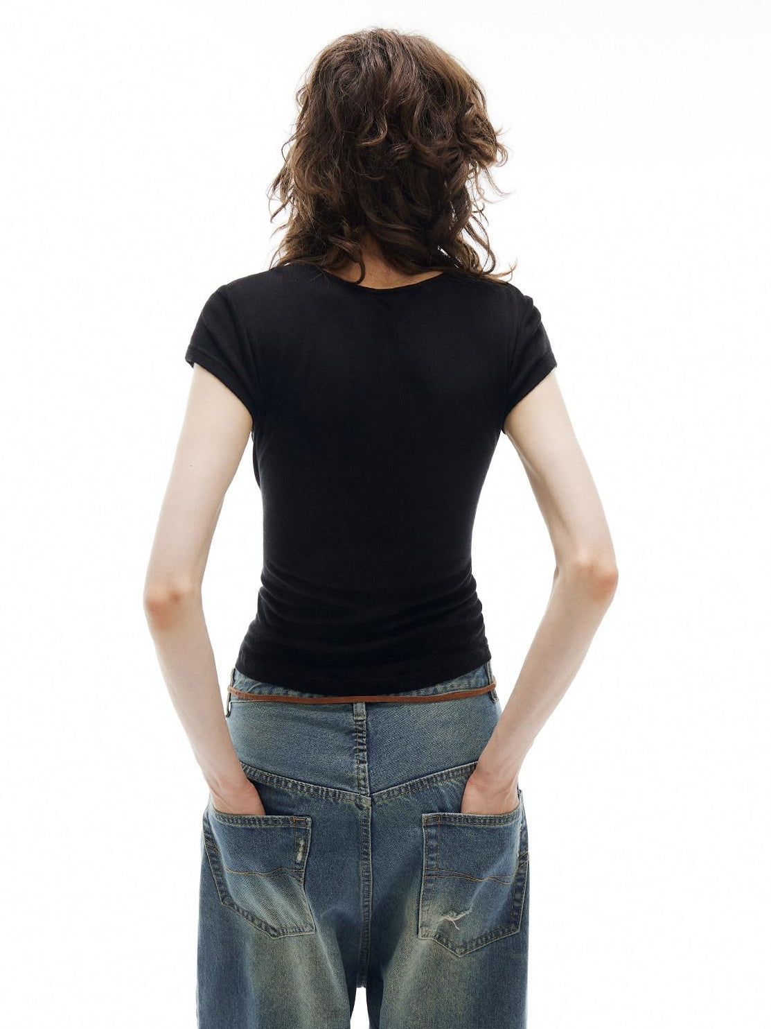 OuttheBlue Regenerated Cellulose Stretch V-neck Cropped Casual Black Short Sleeve T-Shirts