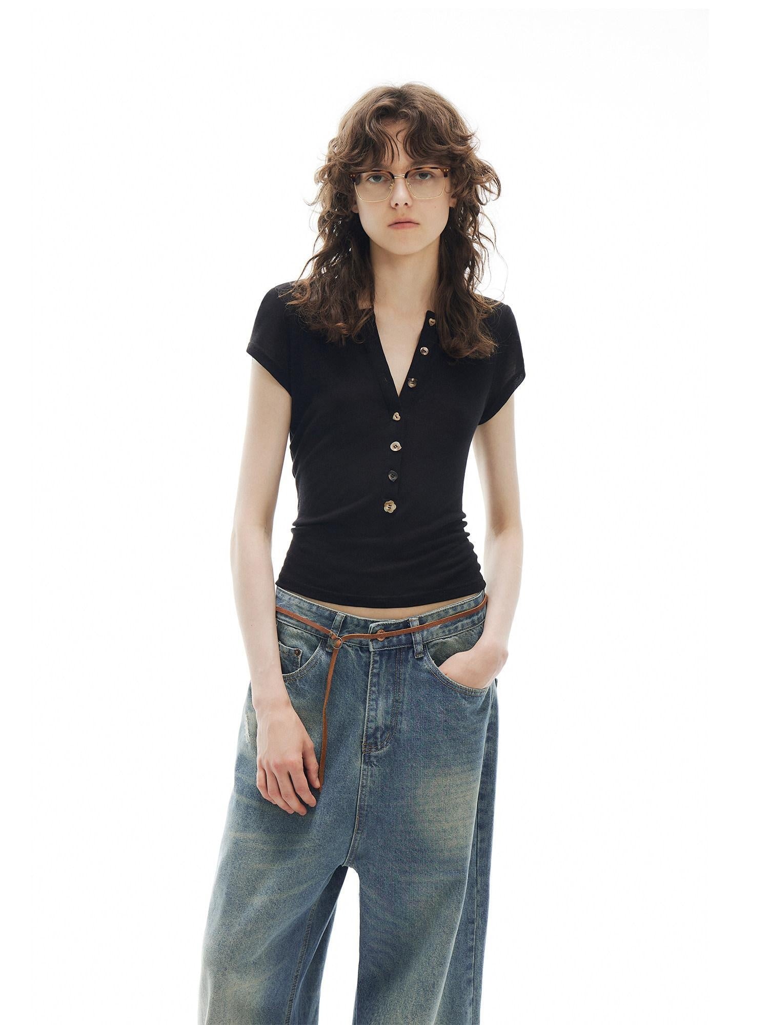 OuttheBlue Regenerated Cellulose Stretch V-neck Cropped Casual Black Short Sleeve T-Shirts