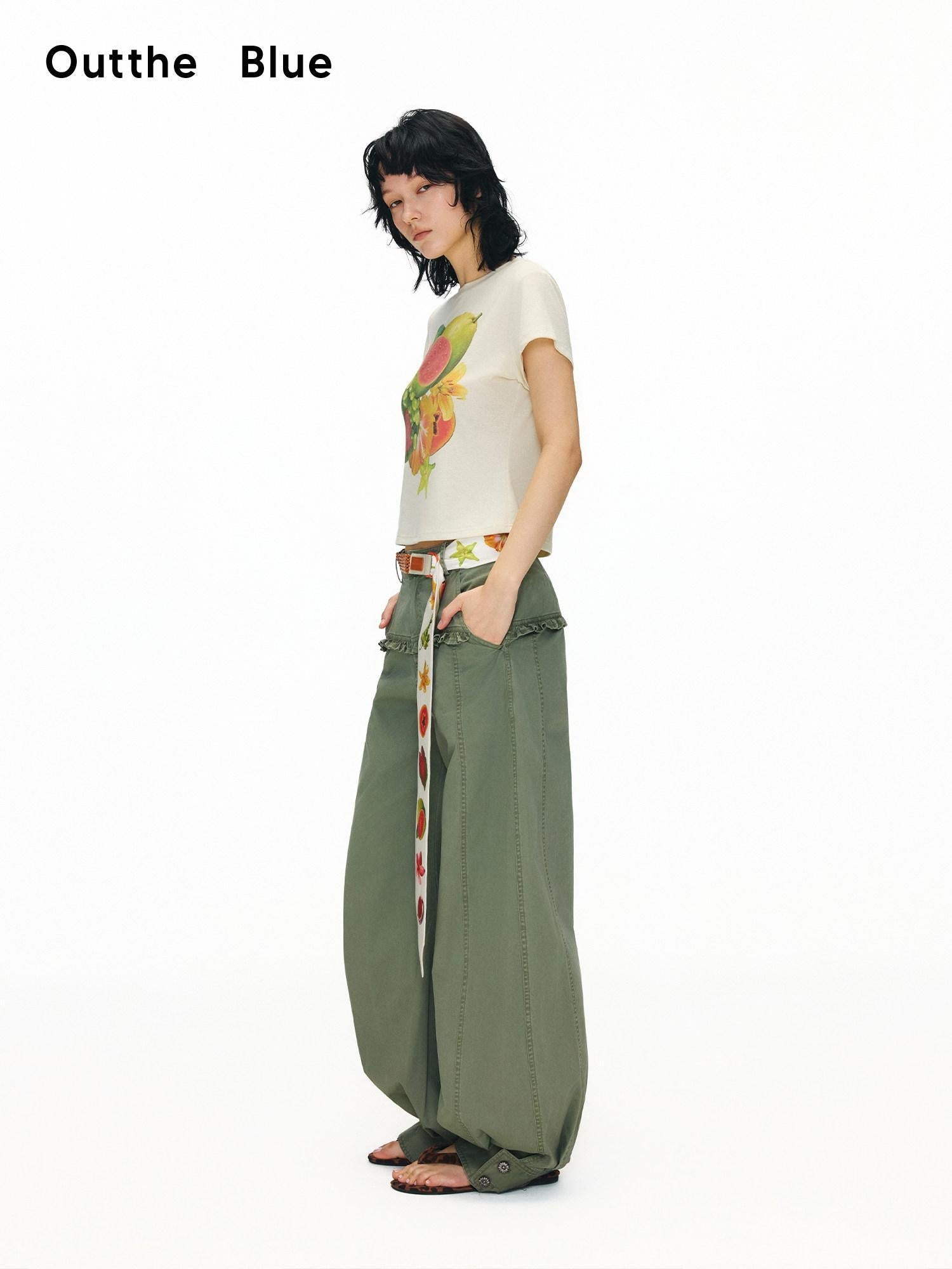 OuttheBlue Retro Lace Trim High Waist Lantern Washed Cotton Olive Women Wide-Leg Pants
