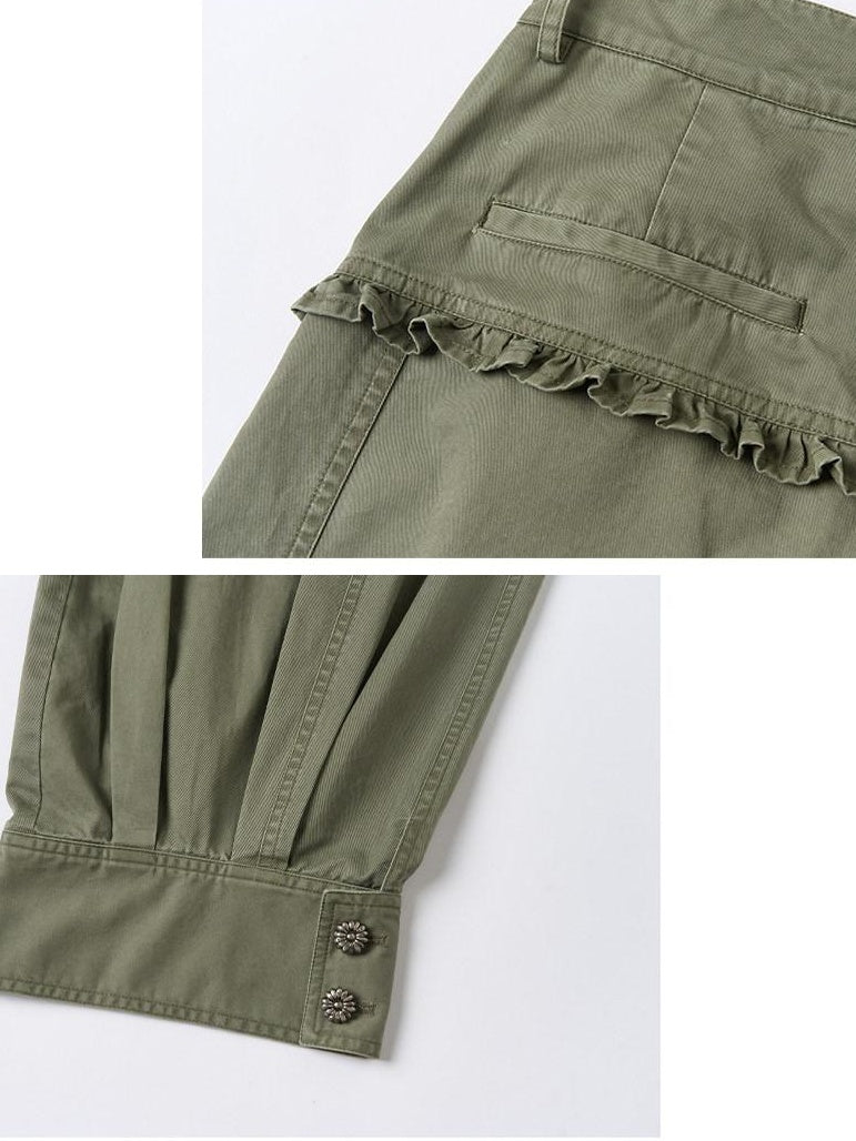 OuttheBlue Retro Lace Trim High Waist Lantern Washed Cotton Olive Women Wide-Leg Pants