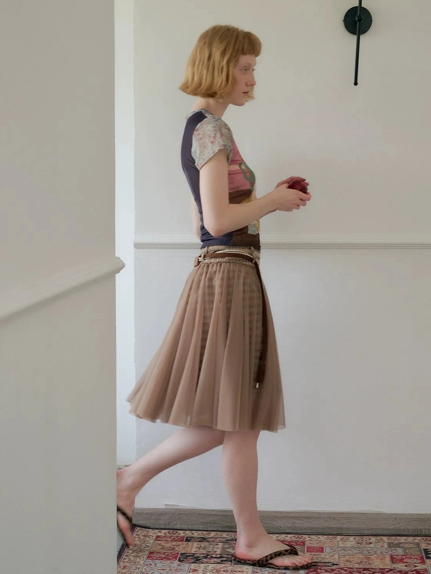 OuttheBlue Retro Sheer Cocoa Checkered Midi Puff Skirt