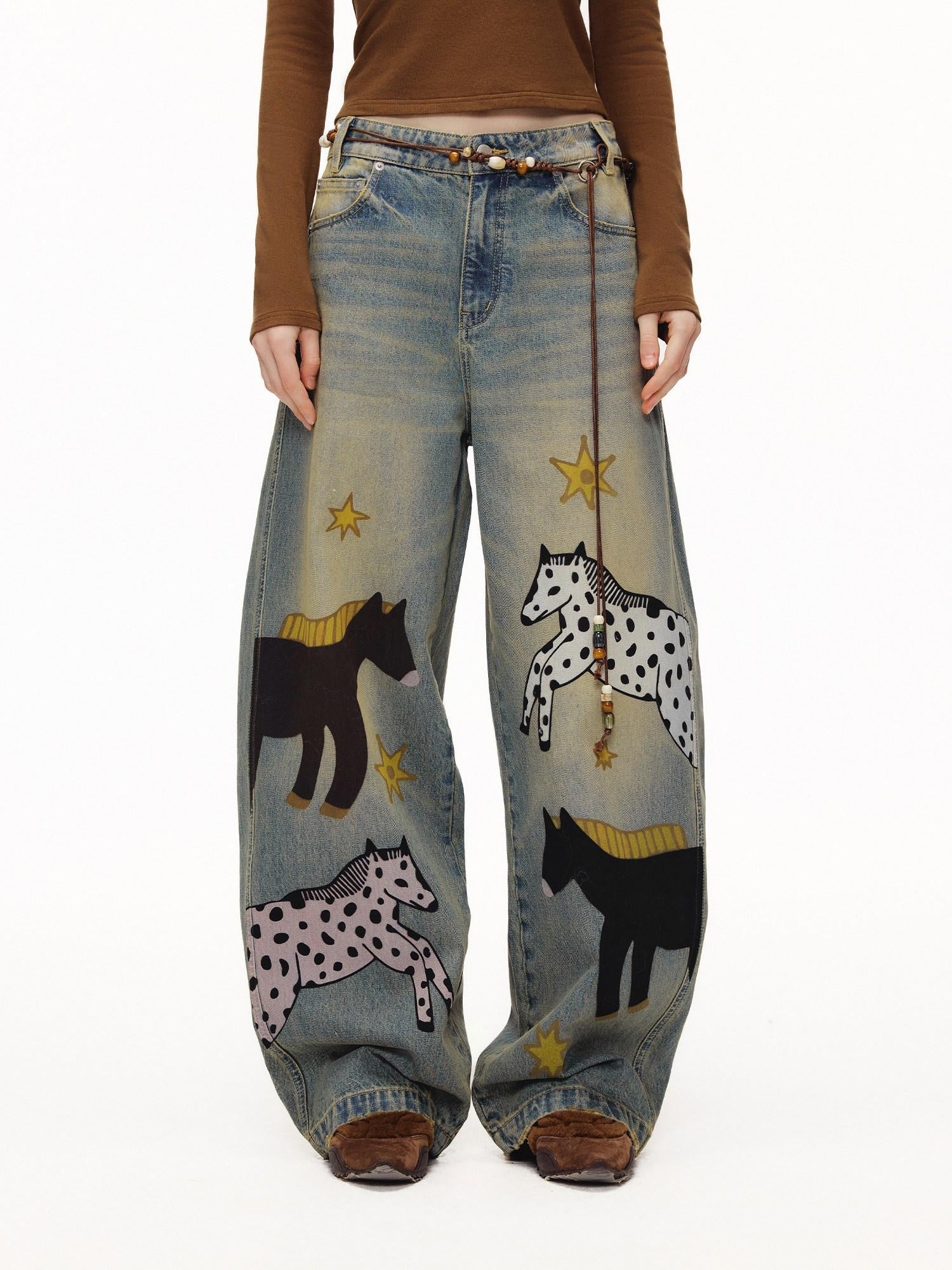 OuttheBlue Retro Washed Animal Print Wide Leg Mid Rise Stretch Women Jeans