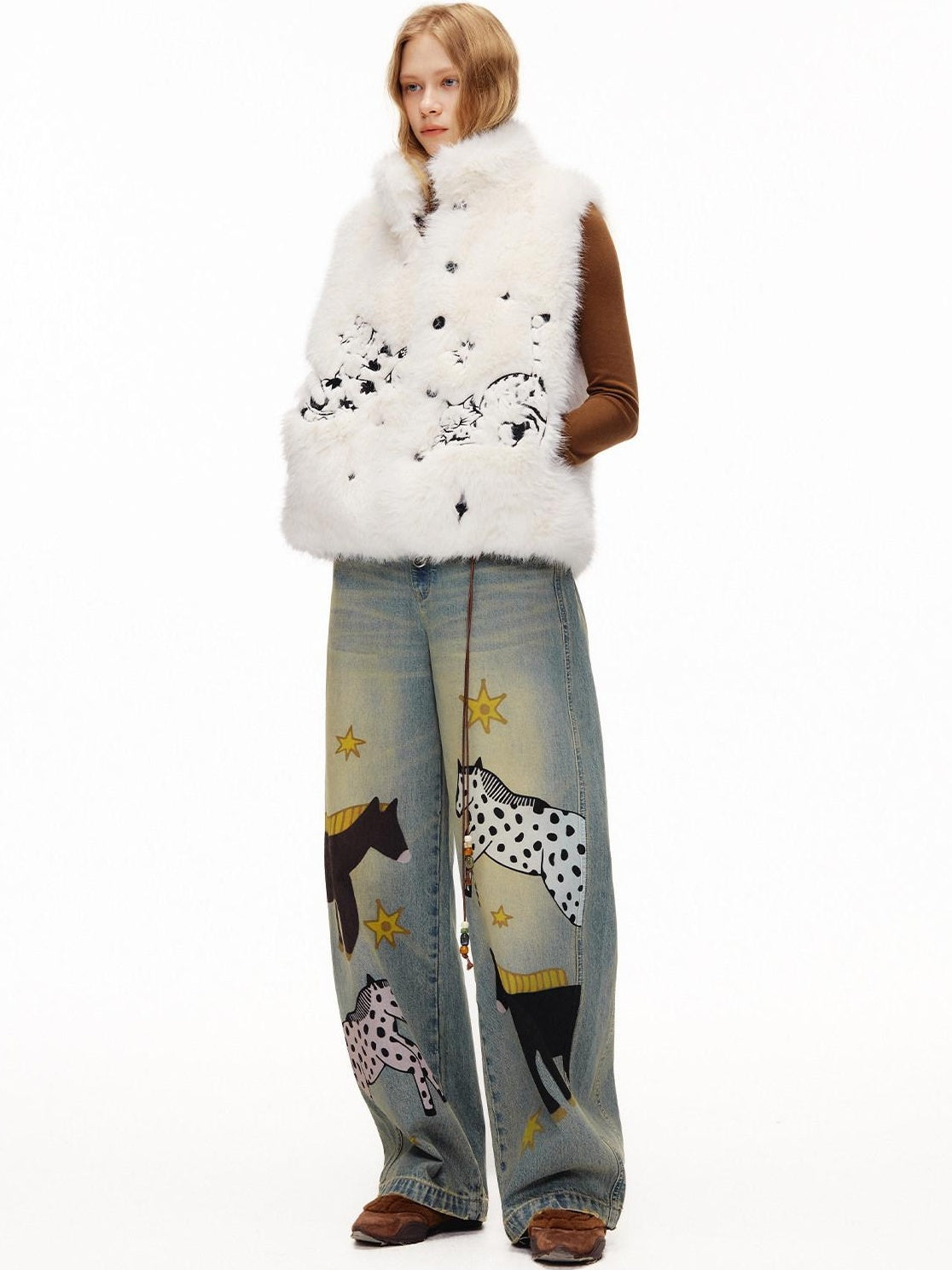OuttheBlue Retro Washed Animal Print Wide Leg Mid Rise Stretch Women Jeans