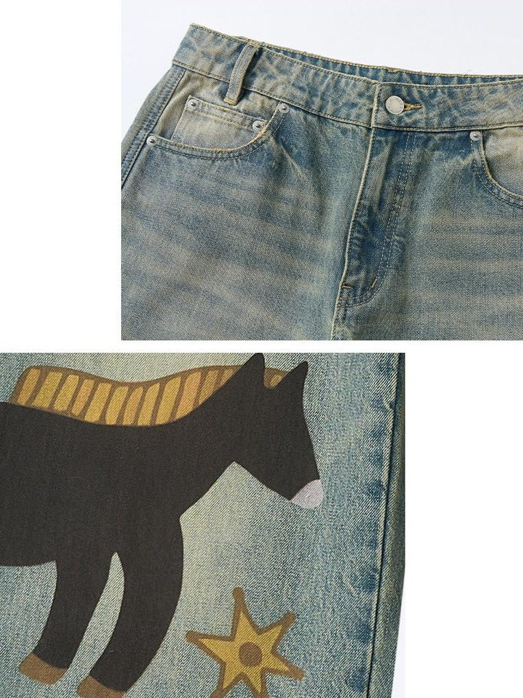 OuttheBlue Retro Washed Animal Print Wide Leg Mid Rise Stretch Women Jeans