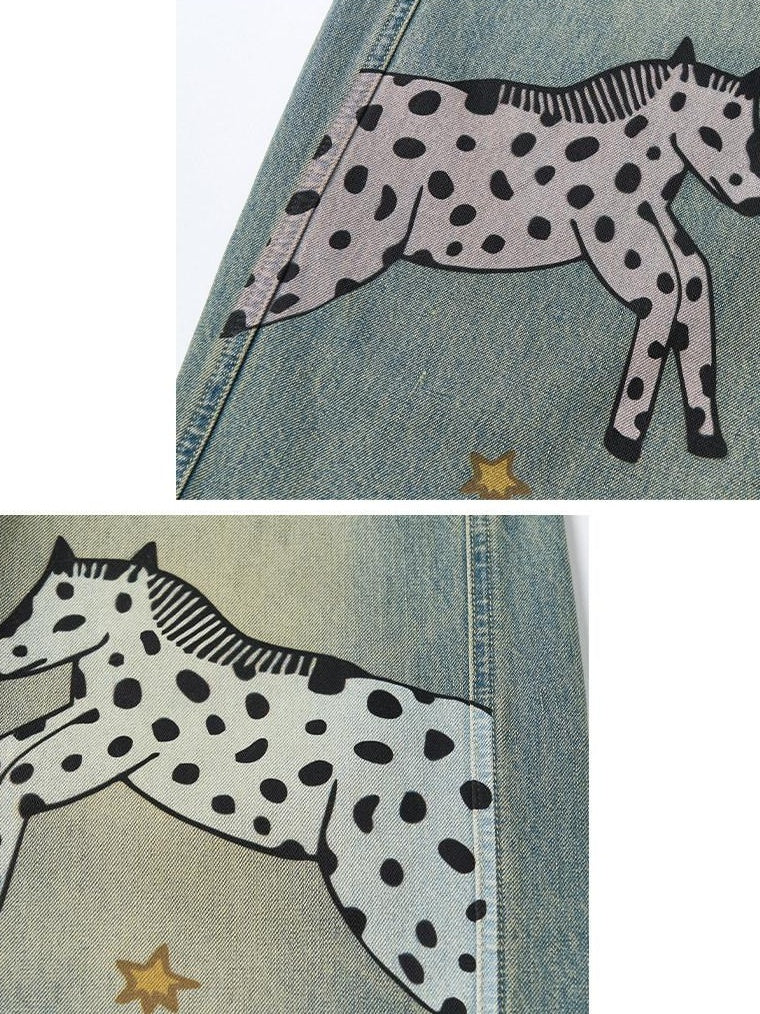 OuttheBlue Retro Washed Animal Print Wide Leg Mid Rise Stretch Women Jeans