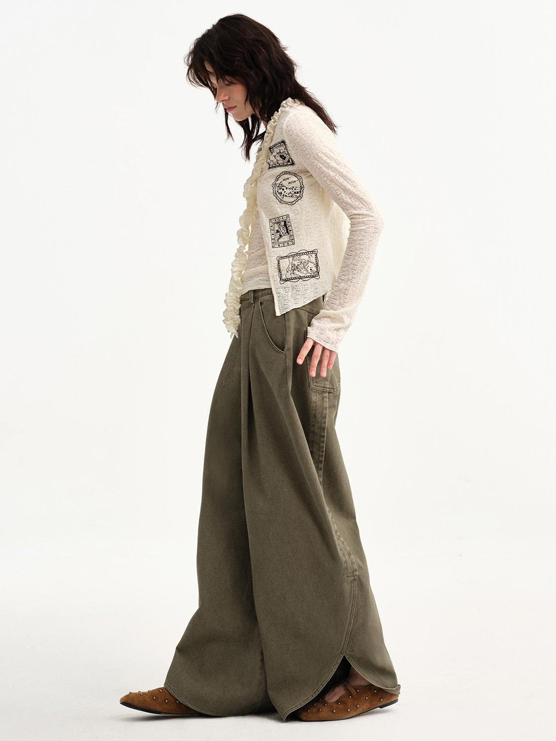 OuttheBlue Retro Washed Floral Wide Leg Slit Curved Leg Women&