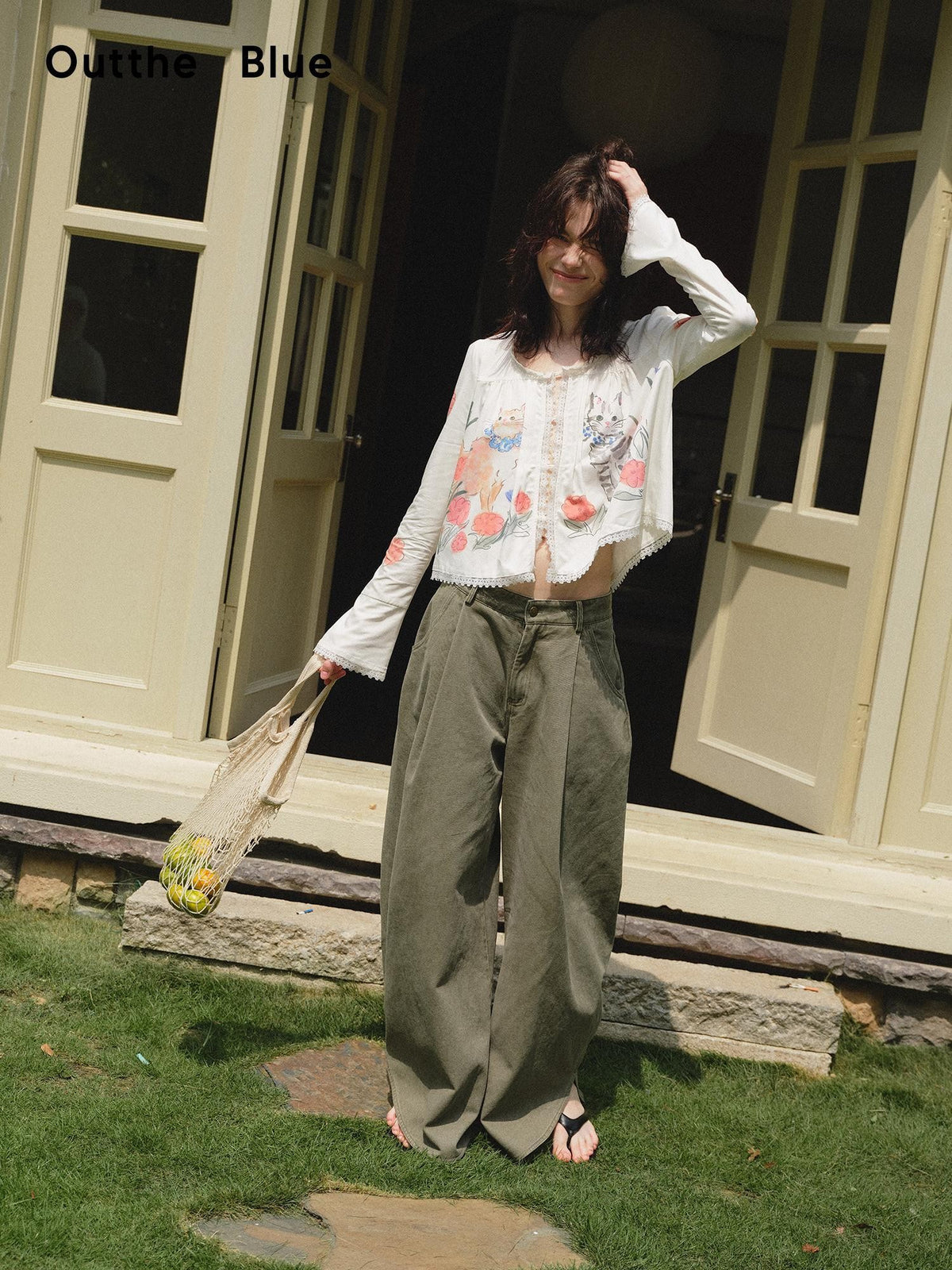OuttheBlue Retro Washed Floral Wide Leg Slit Curved Leg Women&
