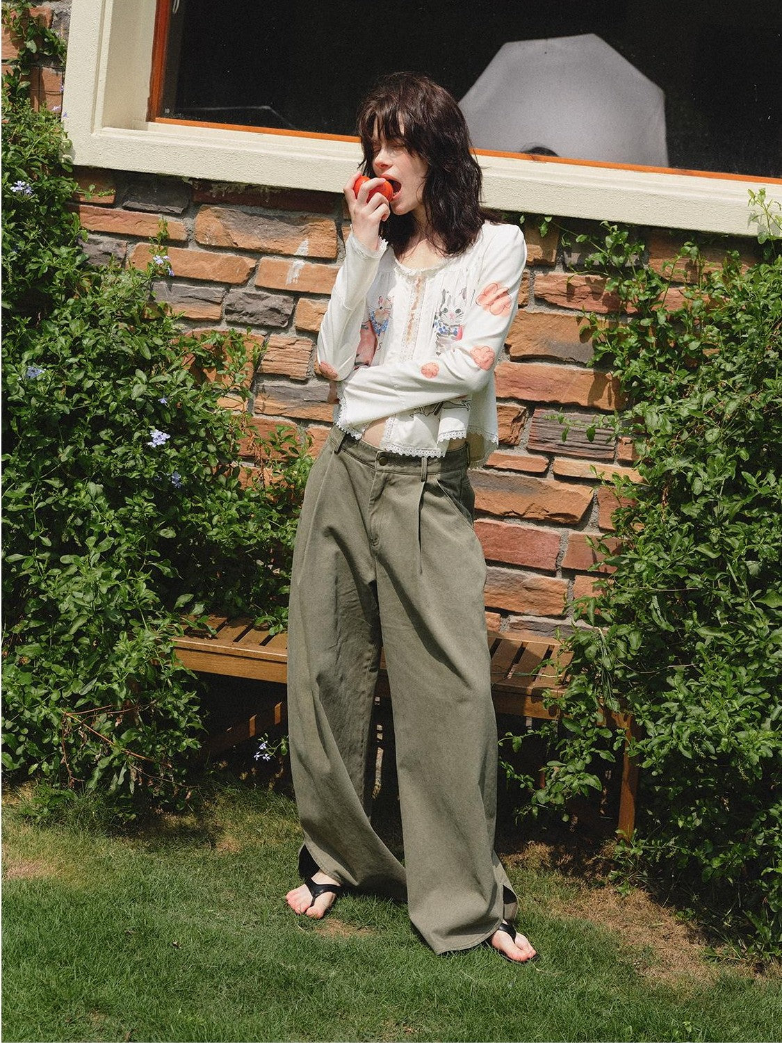 OuttheBlue Retro Washed Floral Wide Leg Slit Curved Leg Women&