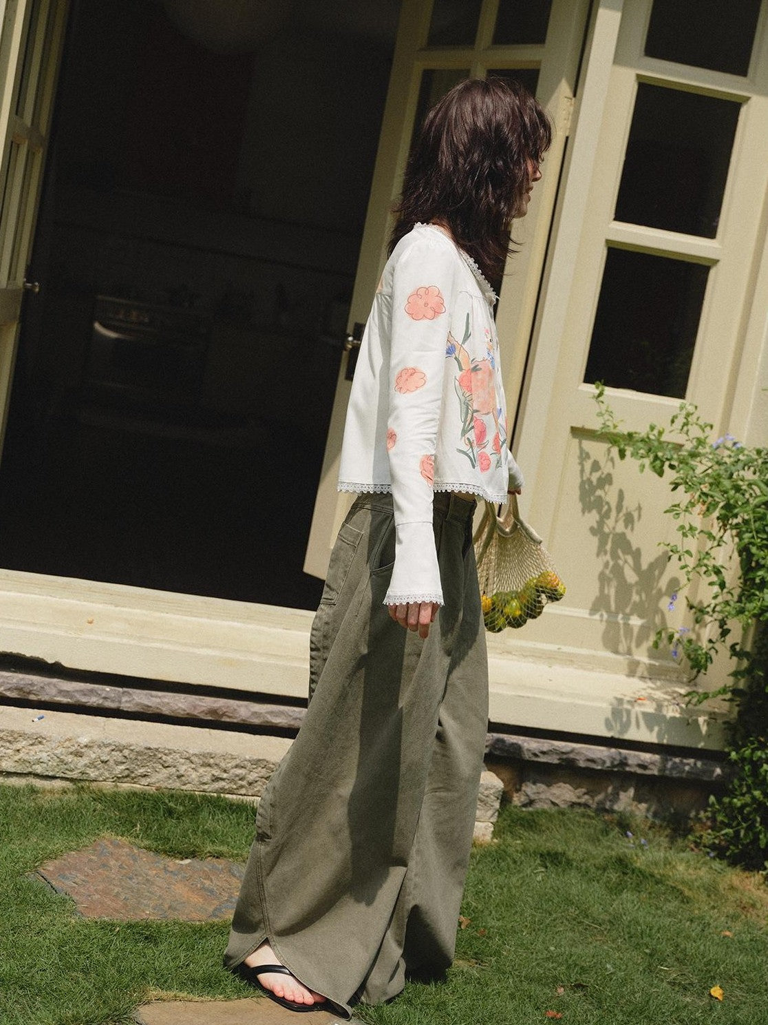 OuttheBlue Retro Washed Floral Wide Leg Slit Curved Leg Women&