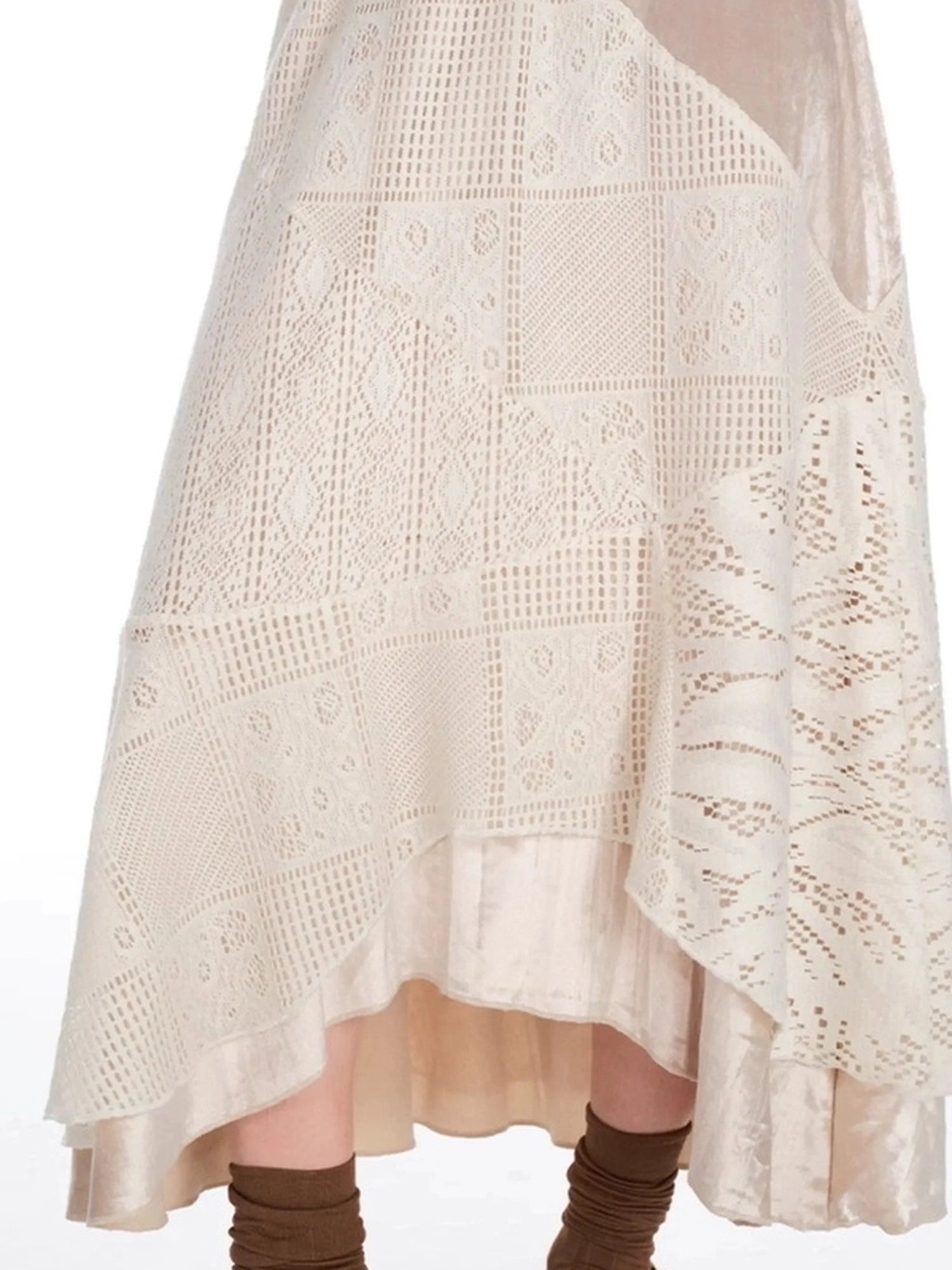 OuttheBlue Romantic Velvet Crochet Lace Asymmetrical Layered Skirt