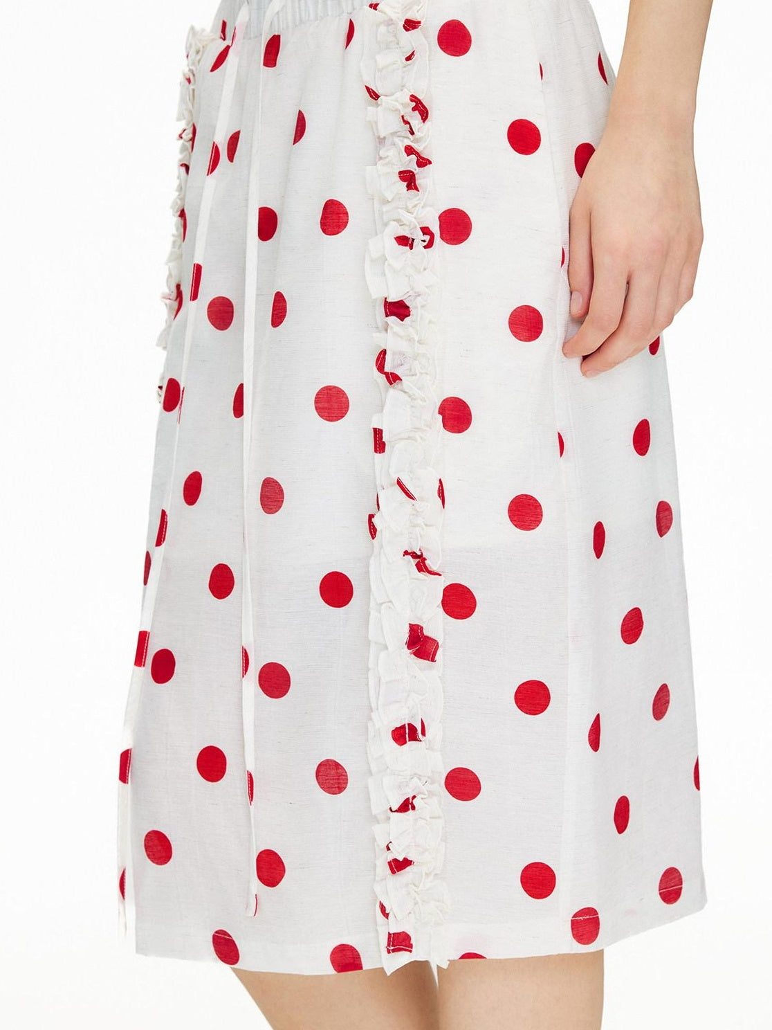 OuttheBlue Ruffle Detail Elastic Waist Printed Linen Blend Straight Off White Midi Skirts