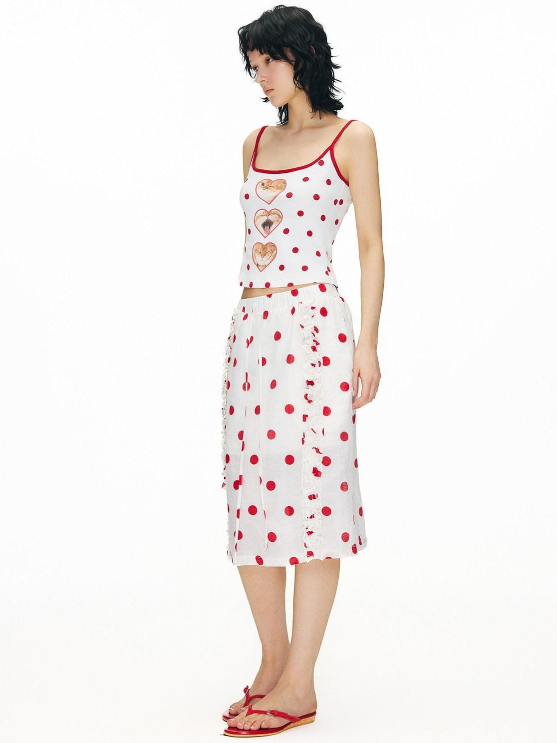 OuttheBlue Ruffle Detail Elastic Waist Printed Linen Blend Straight Off White Midi Skirts