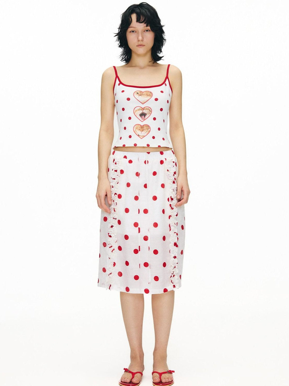 OuttheBlue Ruffle Detail Elastic Waist Printed Linen Blend Straight Off White Midi Skirts
