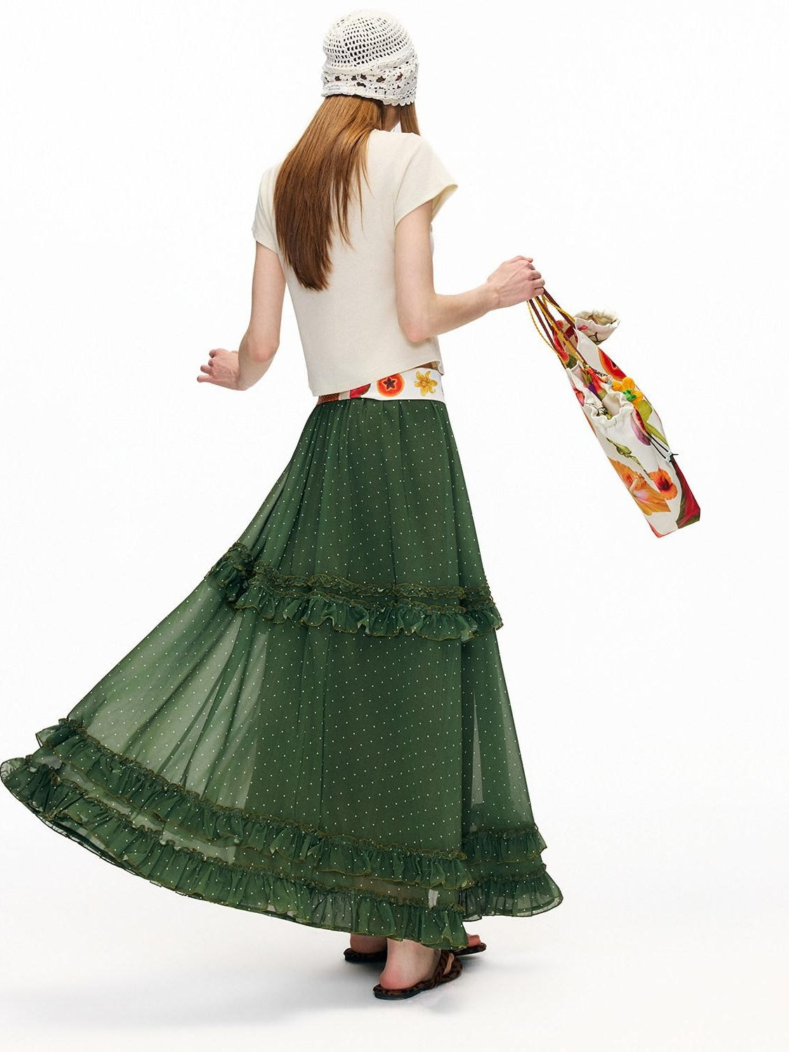 OuttheBlue Ruffle High Waist A Line Loose Boho Printed Polyester Women Maxi Skirts